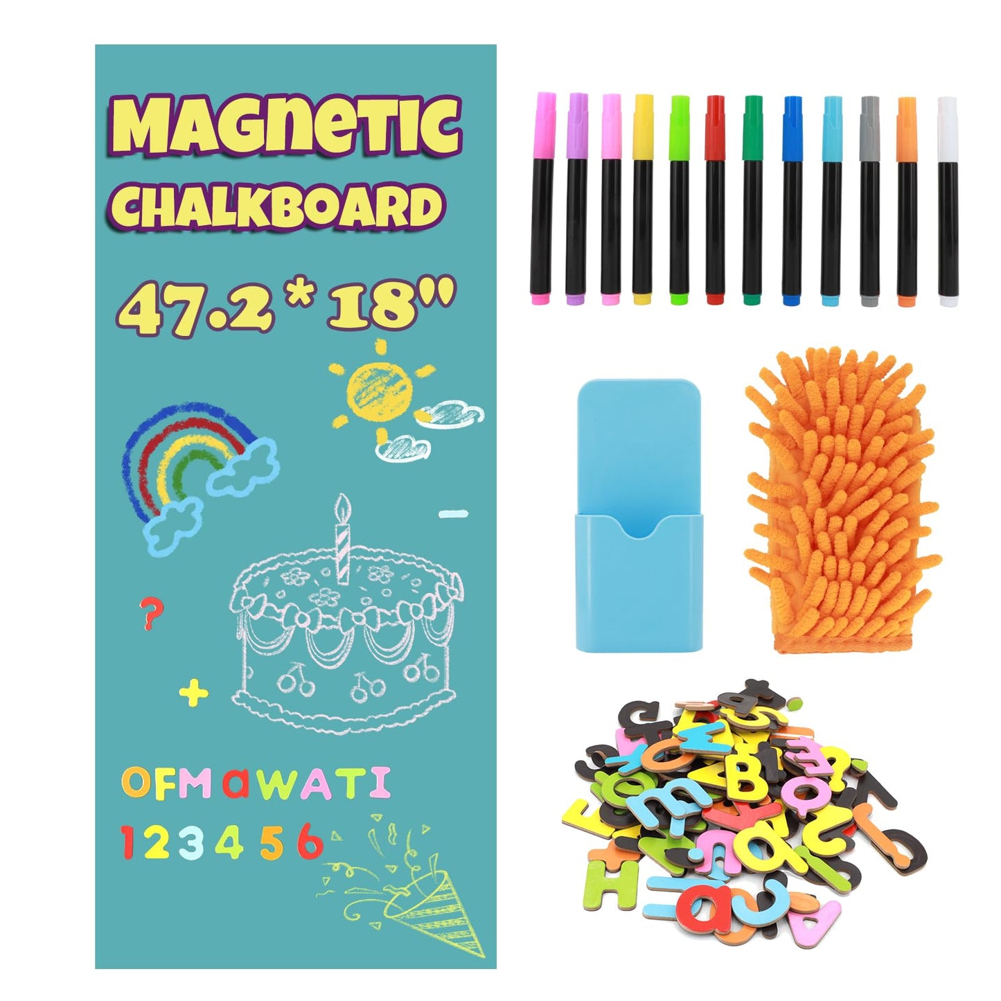 Magnetic Chalkboard Contact Paper for Wall, Self-Adhesive Magnet Wall Sheet with 79 Magnete Letters and 12 Colors Chalk Markers, Magnetic Wallpaper Stickers (Celadon, 47.2“x18)