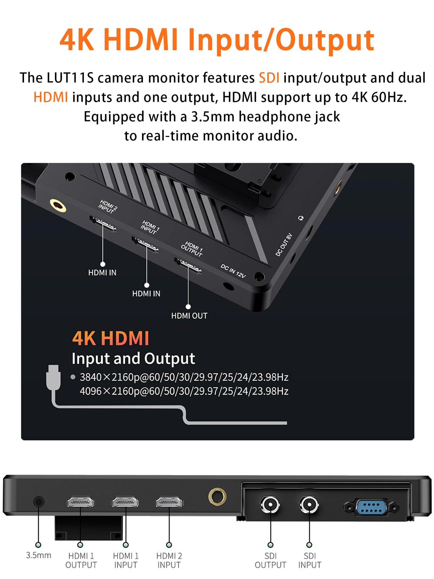 FEELWORLD LUT11S 10.1 Inch Camera Monitor, 2000nit IPS Touch Screen 1920x1200, 4K 60Hz HDMI Camera Field Monitor SDI, Video Assist HDR Waveform Focus Peaking 3D LUT
