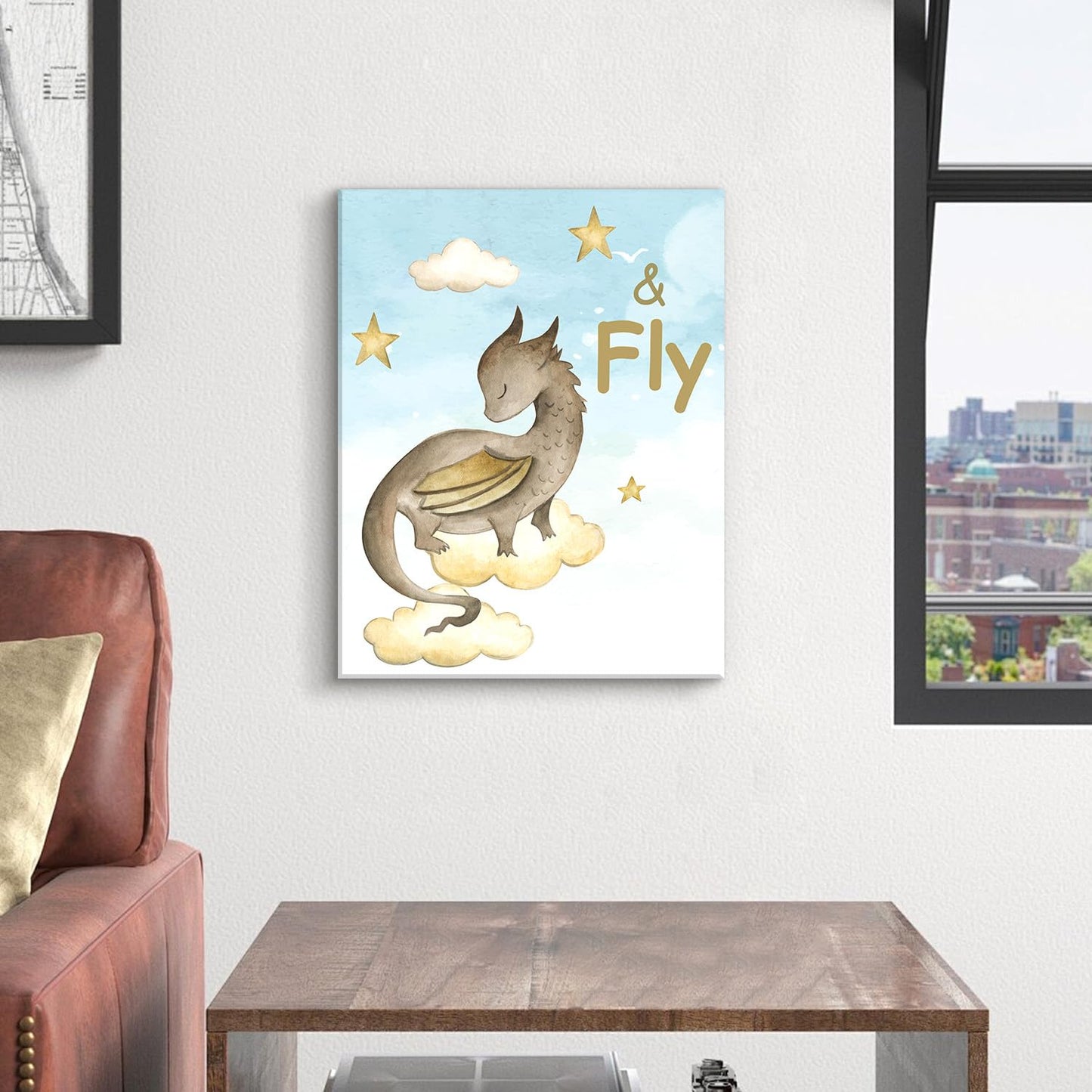 CHDITB Little Dragon Wall Art, Spread Your Wings Framed Canvas Wall Art Set, Fantasy Dragon Decor, Magical Castle Painting, Inspiring Quote Art Prints For Kids Room Nursery Decor(12X16 Inch)