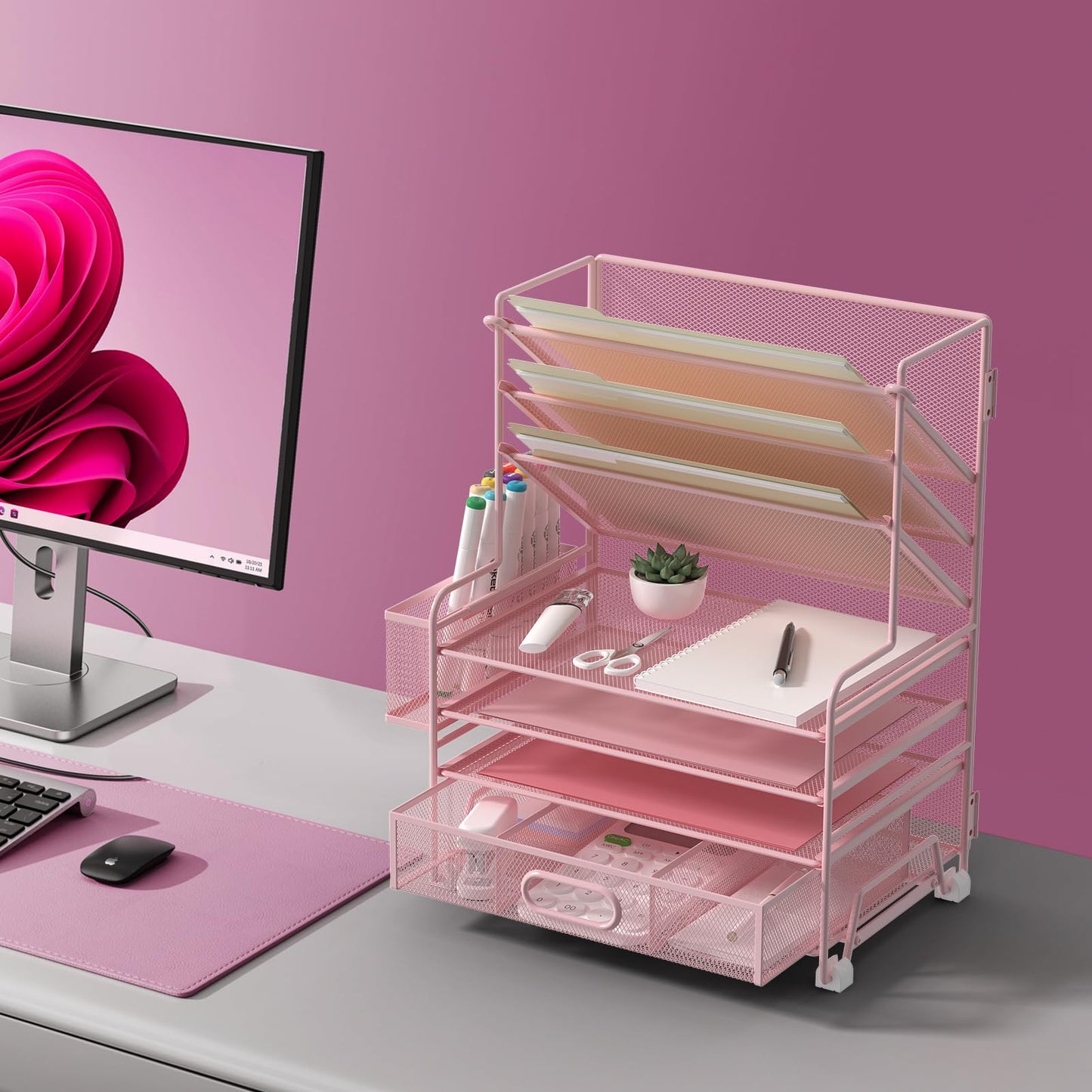MINDEPOT 4-Tier Paper Organizer + 3-Pocket File Holder + Drawer + Pen Holders, Desktop File Organizers Paper Tray for Office Supplies School Classroom Organization (Pink, with Drawer & Pen Holder)