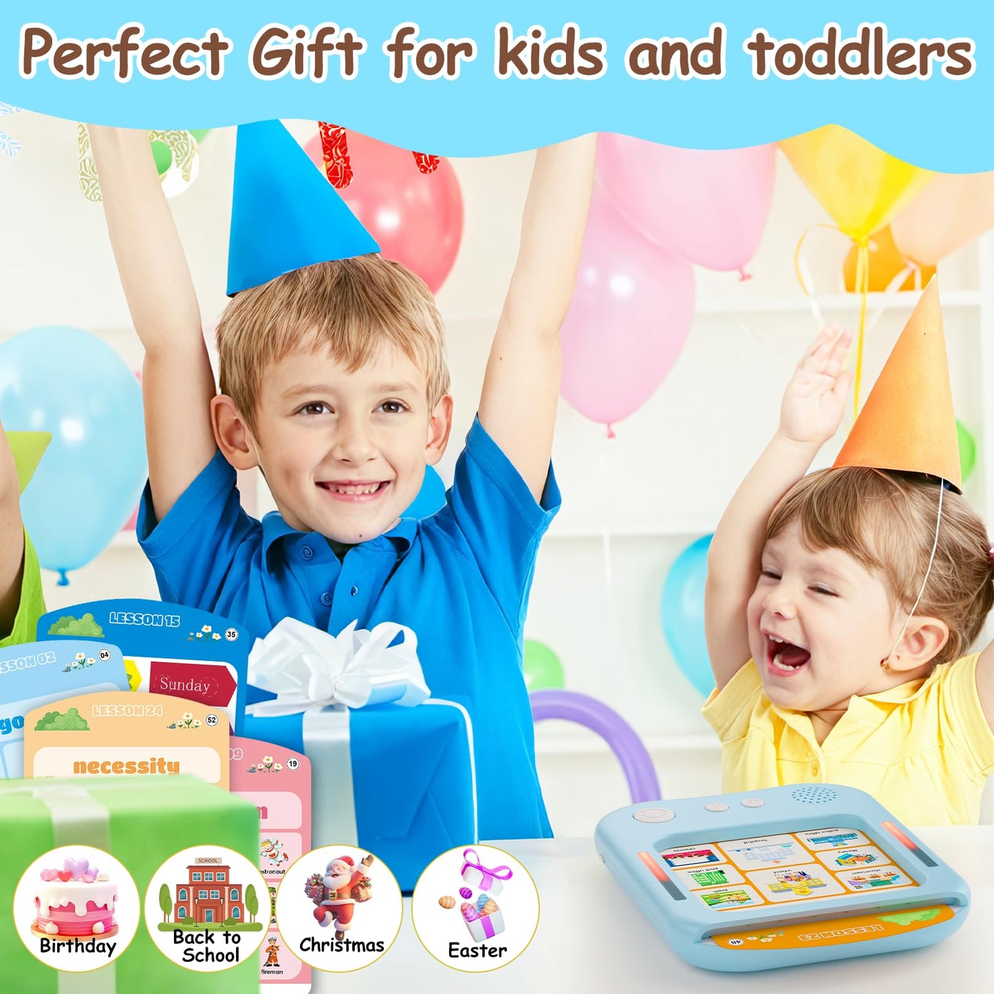 Interactive Educational Learning Tablet Toy for Kids,Screen-Free Phonics Learning Toy with 30 Flash Cards for Alphabets, Numbers, Words, Animals, Learn to Read for Boys Girls 3-5 Years Old, Blue