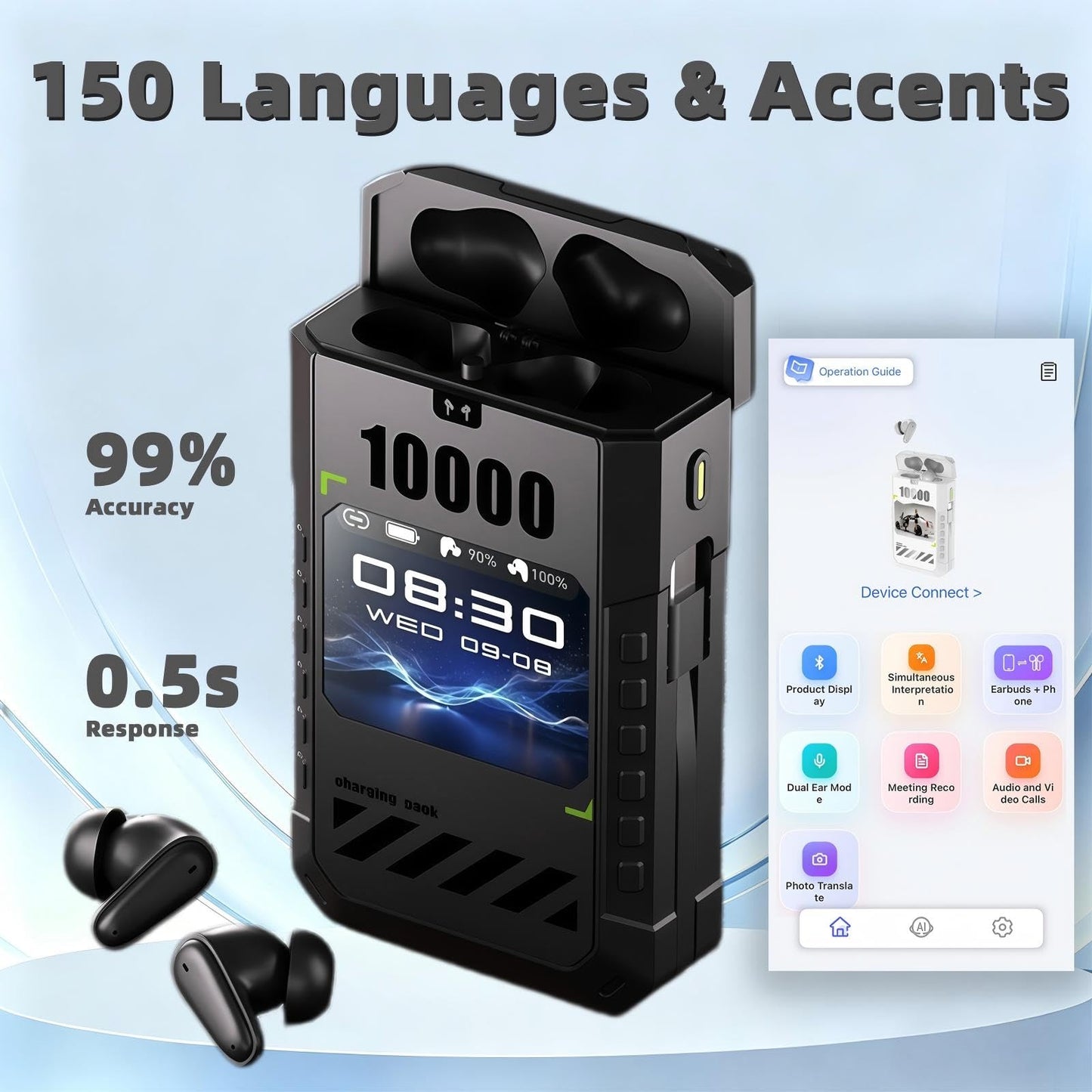 AI Language Translator Earbuds, Real-Time Voice Translation in 145 Languages, Bluetooth Wireless Translator Device for Travel, Business Meetings, Study & International Communication