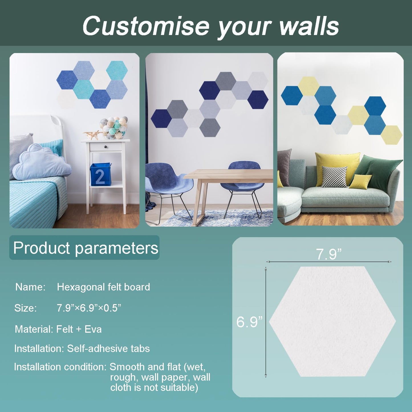 Afumazi Felt Bulletin Board Tiles, 8 Pcs Hexagon Wall Tiles with Removable Adhesive, 7.9×6.9 Inch Cork Pin Board for Classroom, Home, Office (Set F, Middle)