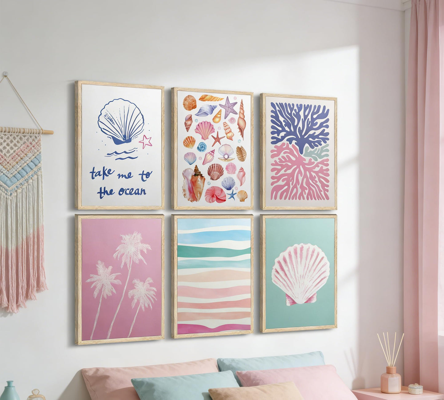 Pink and Blue Coastal Wall Art, 6 Pcs Preppy Beach Wall Decor, Unframed Canvas Posters for Bathroom Bedroom, Seashell Coral Palm Tree Ocean Prints, Neutral Boho Beach House Decor 12x16in Unframed