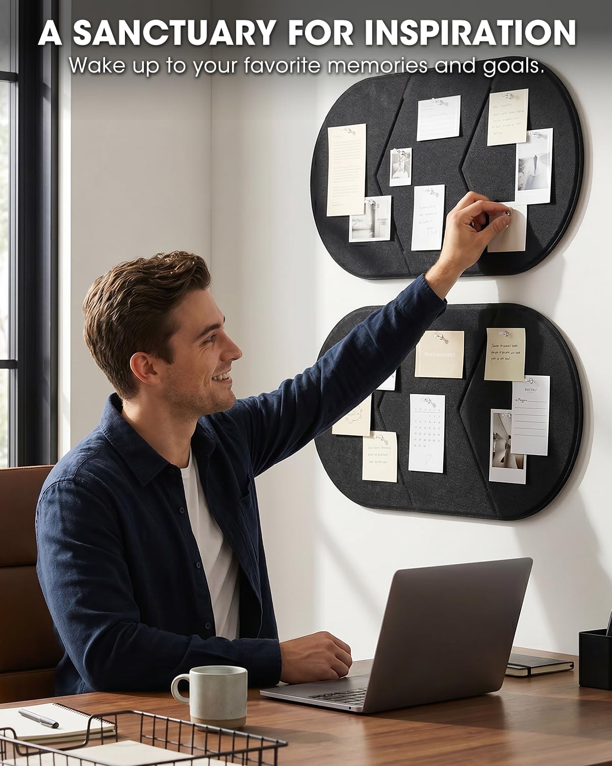 Cork Board Alternative, Felt Bulletin Board for Walls, 2-Pack 23.6"x11.8" Pin Board Wall Organizer with 35 Push Pins, Adhesive Install Wall Decor for Office, Classroom, Home, Desk Accessories