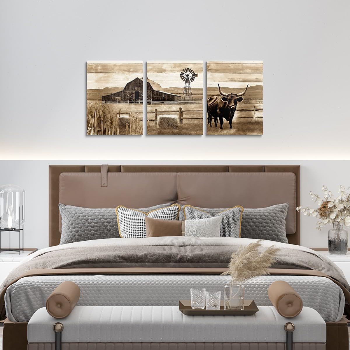 jejeloiu Western Canvas Wall Art for Living Room Bedroom 12"x16"x3pcs Rustic Farmhouse Cow Windmill Picture Wall Decor for Bathroom Retro Grass Office Decorations Artwork Posters Farm Nursery Painting