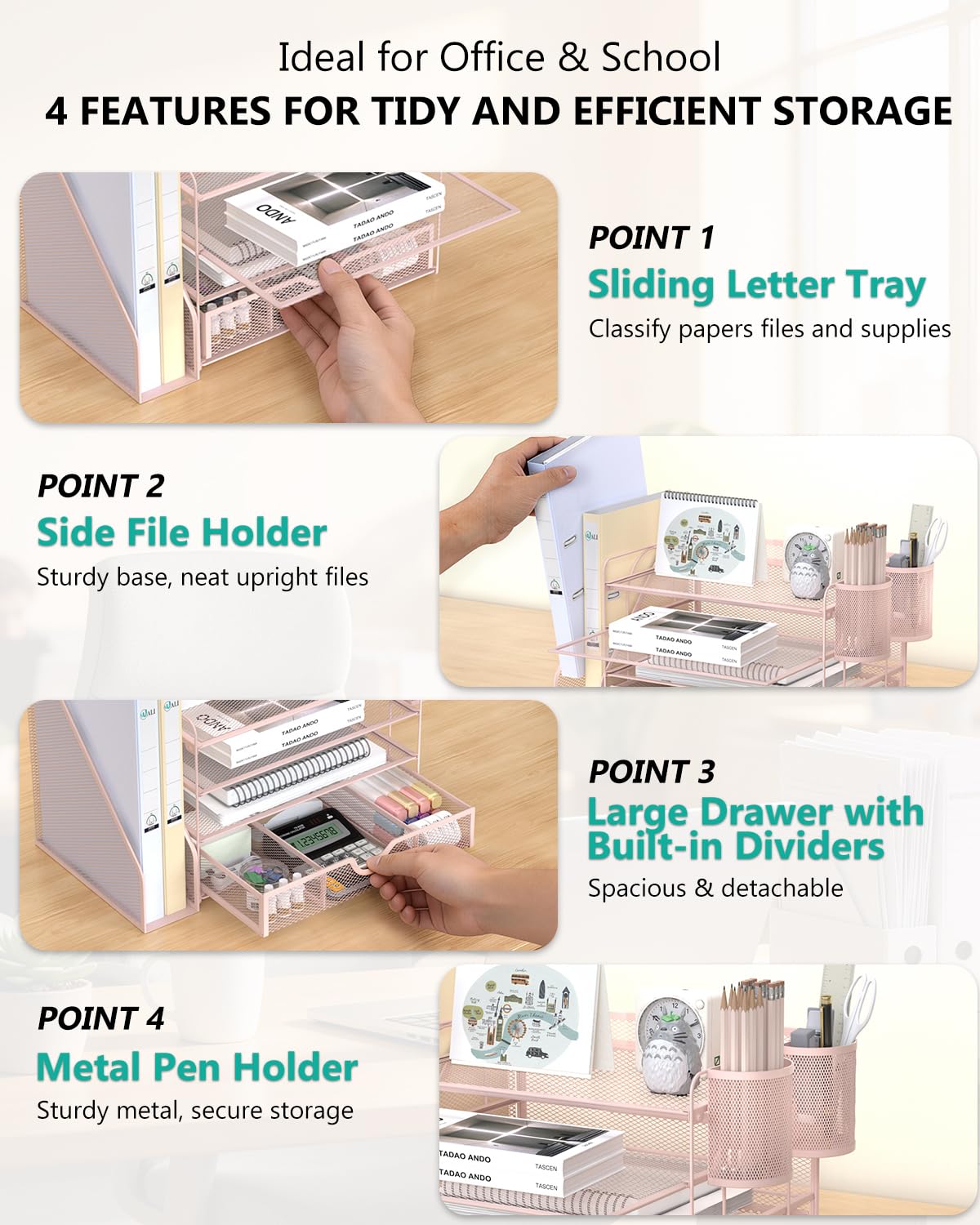 WALI Desk File Organizer, 4 Tier Desktop Paper Letter Tray Organizer with Drawer and 2 Pen Holders, Office Desk Accessories & Workspace Organizers for Office, Home Supplies(DO005DH-P), 1 Pack, Pink