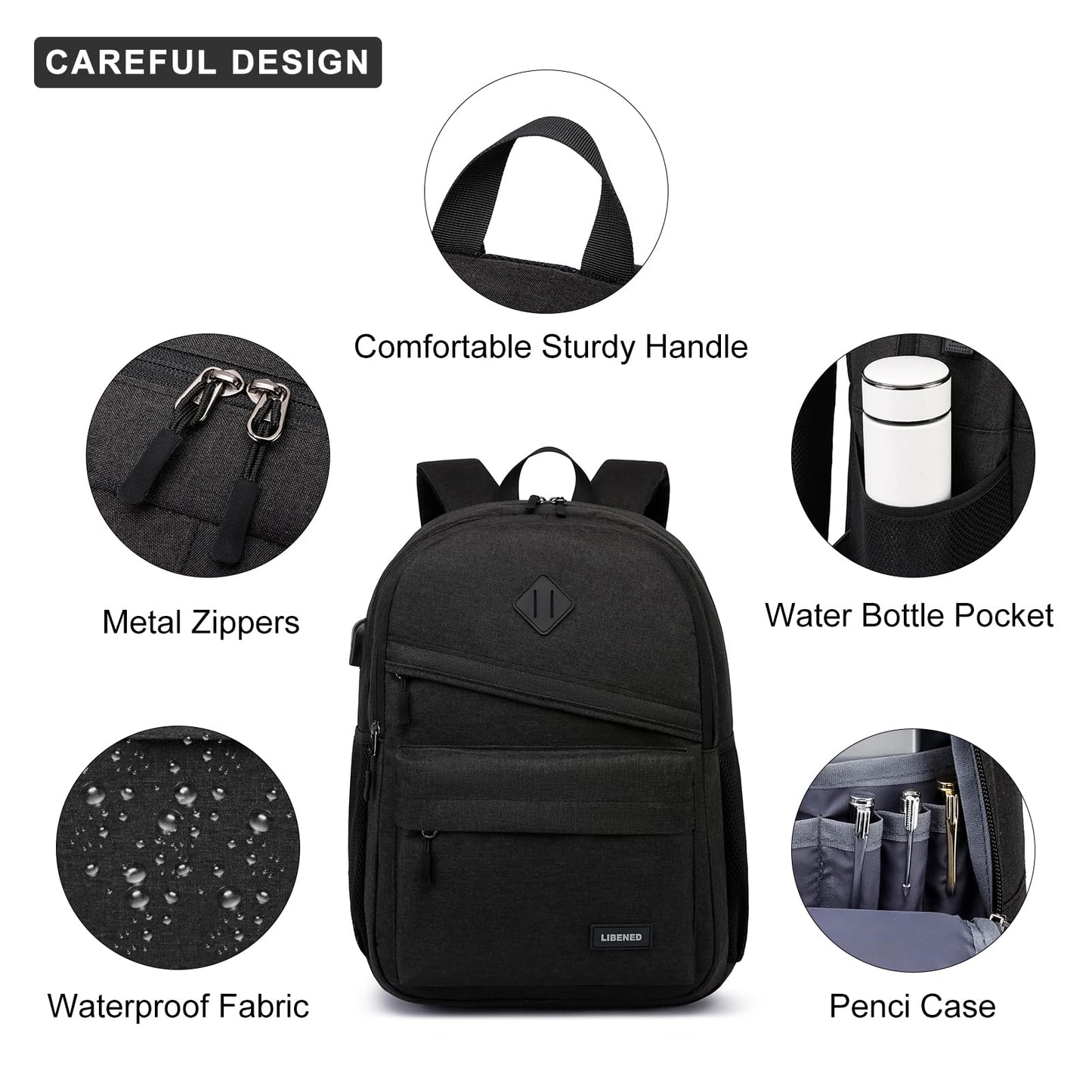 LIBENED School Backpack for Teens Boys, 15.6 Inch Laptop Backpack with USB Charging Port & Water Resistant Design, College High School Book Bag for Students, Black