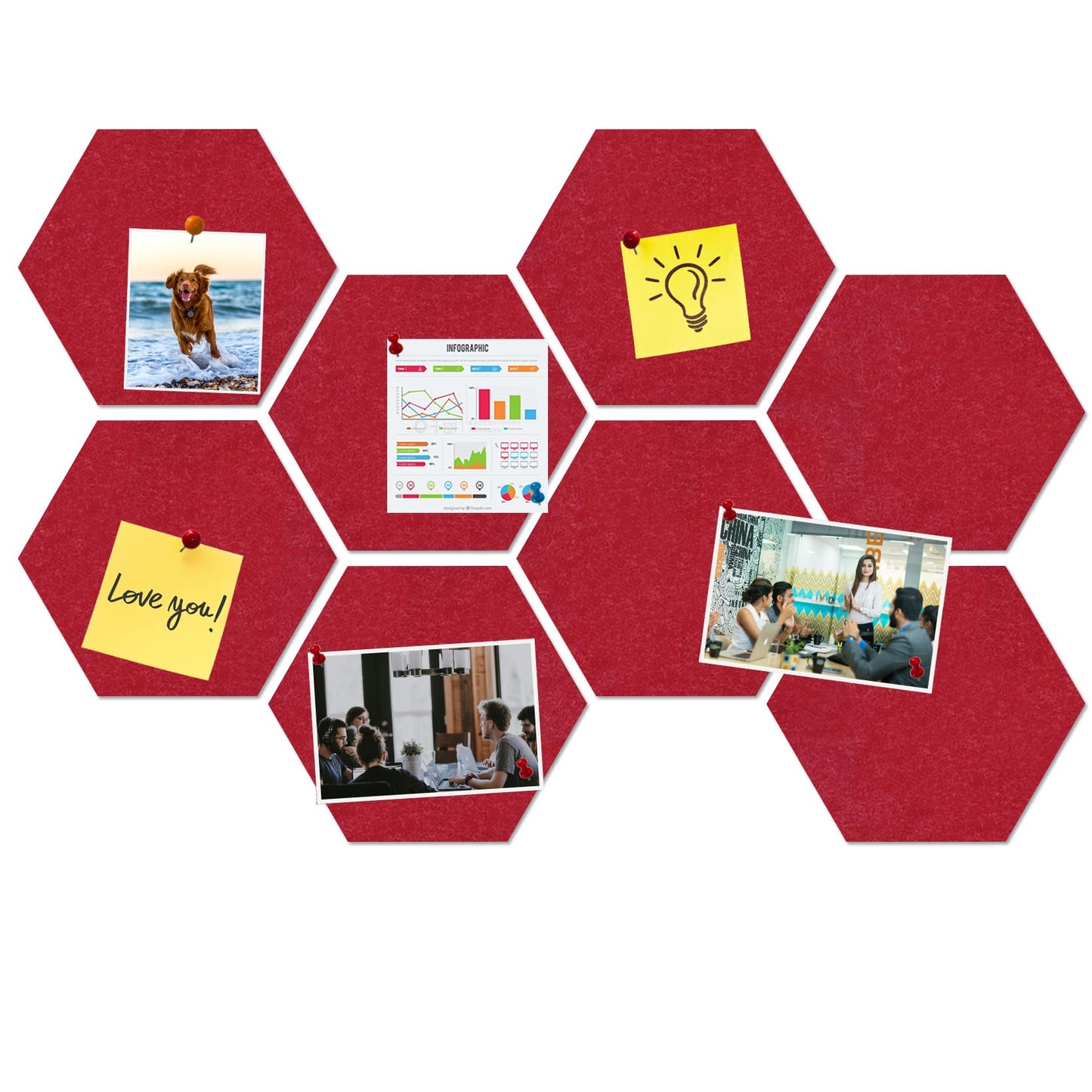 HULAVO Large Hexagon Felt Cork Board Tiles, Self Adhesive DIY Felt Bulletin Board Pin Board with 35 Pushpins for Office School Home Wall Decor Stickers Memos Photos Display(Red)