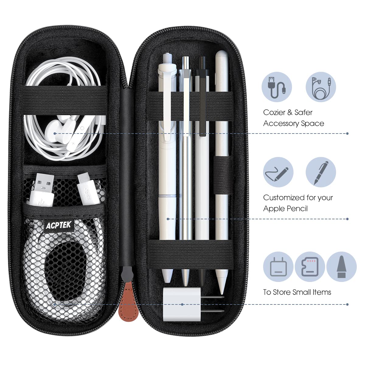 AGPTEK Case Holder for Apple Pencil, Slim PU Leather Carrying Case Pouch Cover Compatible with Apple Pen Accessories, USB Cable, Earphone,Samsung Stylus iPad Pro Pen/Pencil, Recording Pen, Black