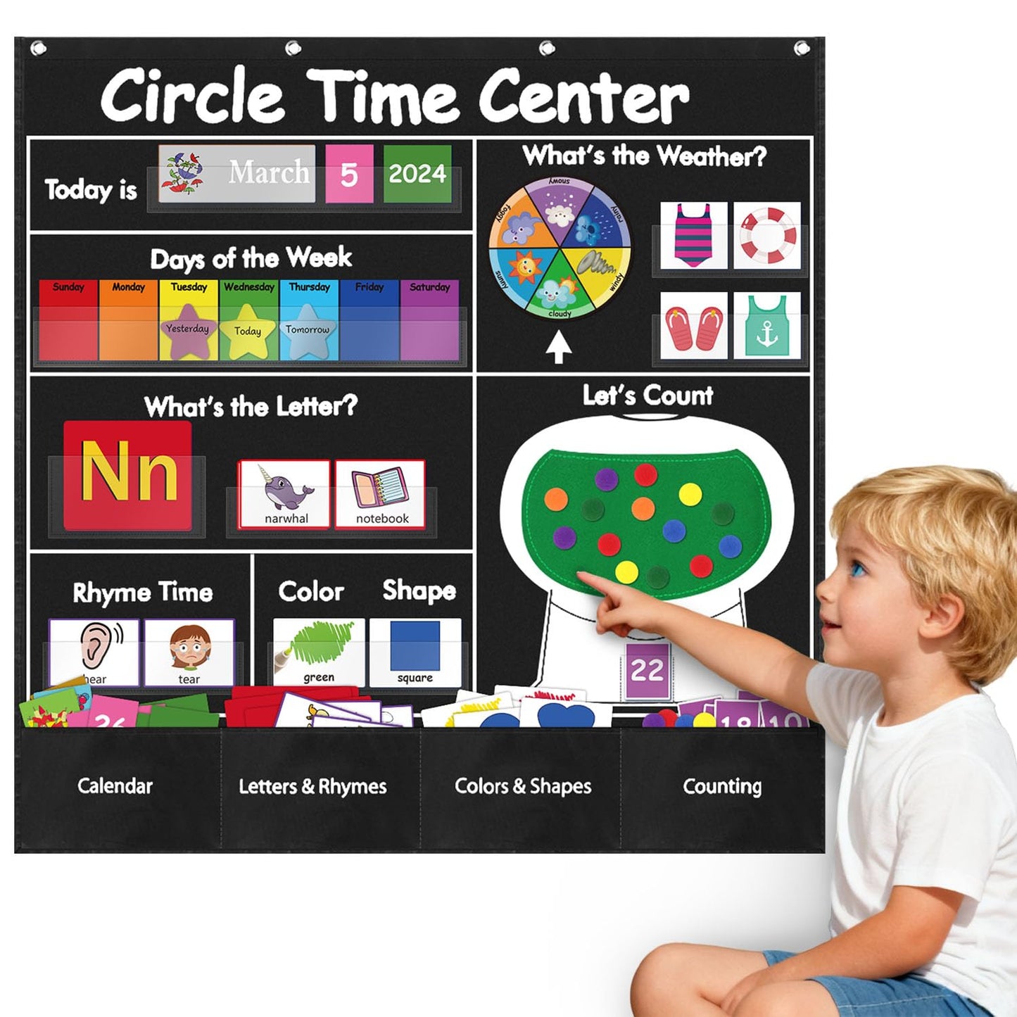 Circle Time Learning Center Pocket Chart, Calendar for Classroom, Educational Pocket Chart Learning Calendar Weather Letter Counting Rhyme Color Shape(Black)