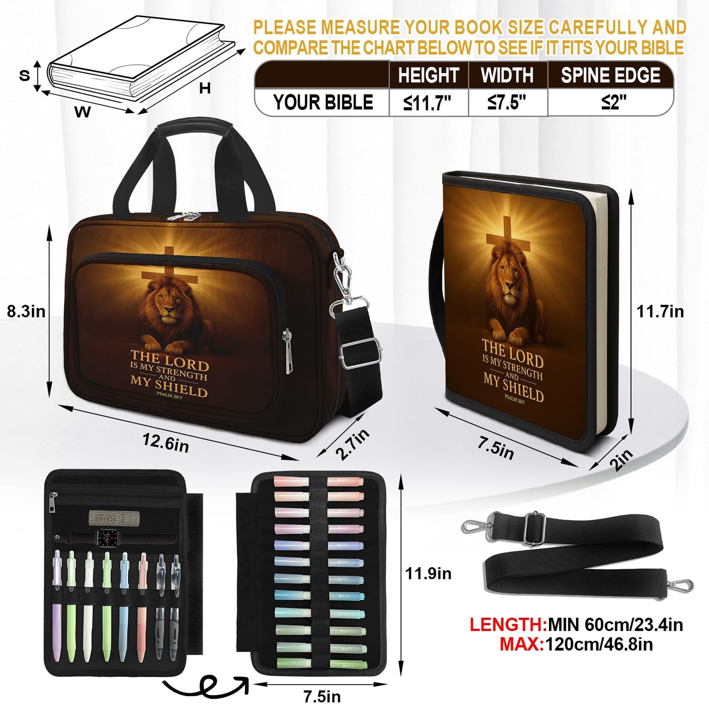 IBOVODI Lion Cross Bible Cover Case for Mens, Large Bible Carrying Book Case Church Bag with Strap & Handle Zipper Pocket, Bible Study Supplies Journaling Kit, Highlighters Tabs Pens Cross Clips