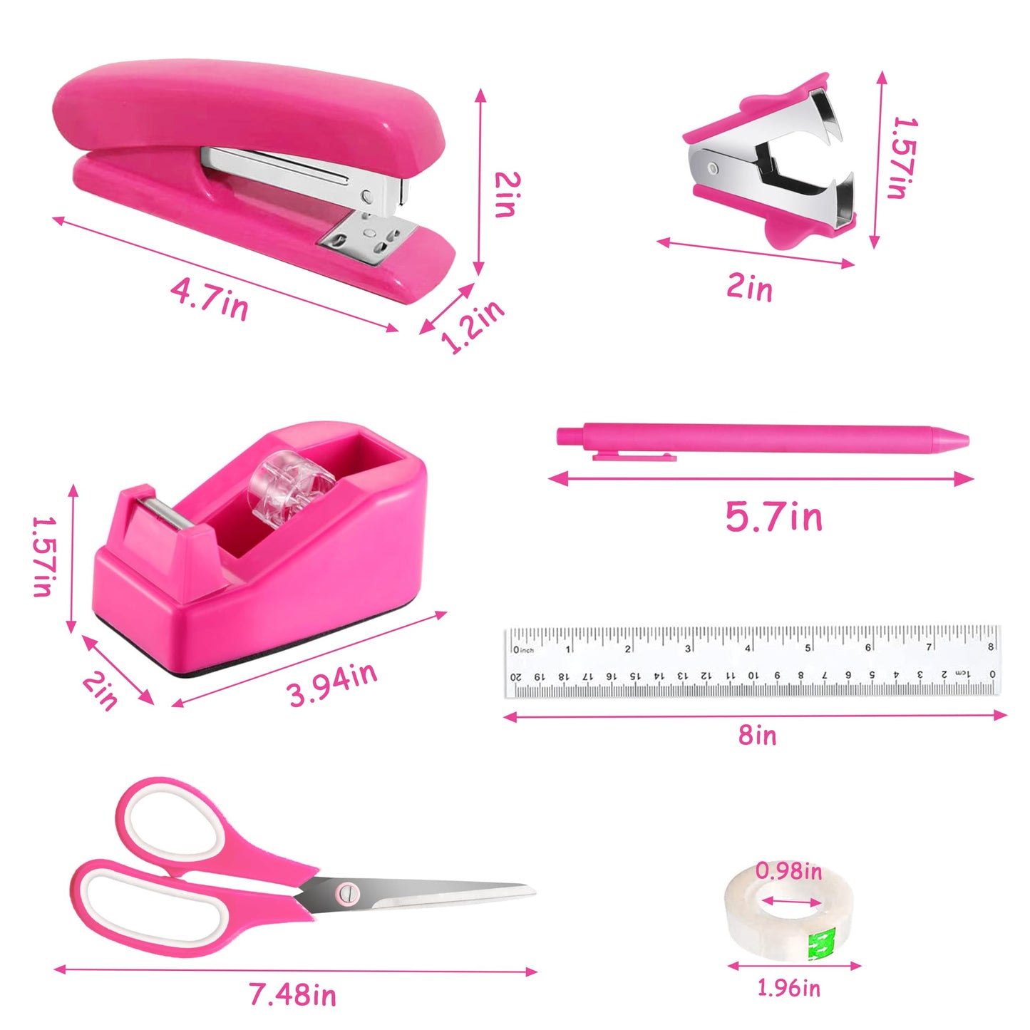 Dimonluce Hot Pink Desk Accessories, Hot Pink Office Supplies Accessories with Tape Dispenser, Stapler, Staple Remover, 1000 Staples, Tape, Clips Set, Ruler, Scissor, Pen