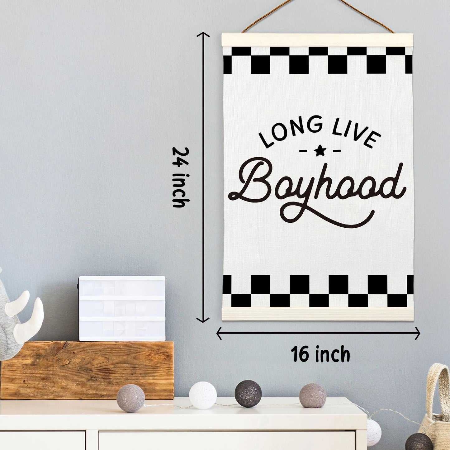 LKETW Long Live Boyhood Poster Hanger Frame 12x16 Inch, Race Car Boy Nursery Wall Art Posters for Playroom, Black and White Checkered Hanging Banner Decor for Toddler Boy Nursery Room Bedroom