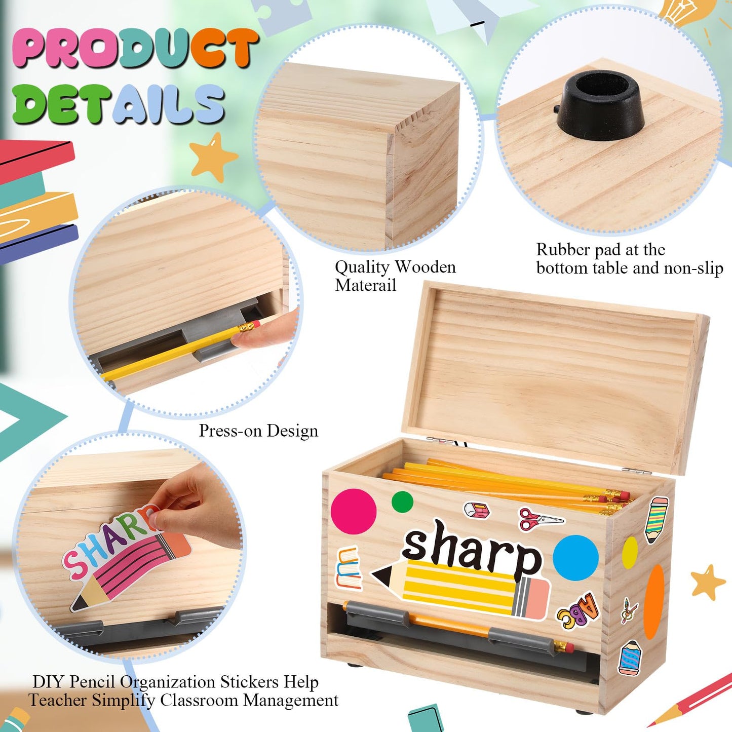 Watersay 108 Pcs Pencil Dispenser Kit for Classroom Wooden Sharp and Dull Pencil Holder 50 Pencils 50 Sharpener 6 Sticker Classroom Teacher Must Have Straw Dispenser for Back to School(Wood Color)