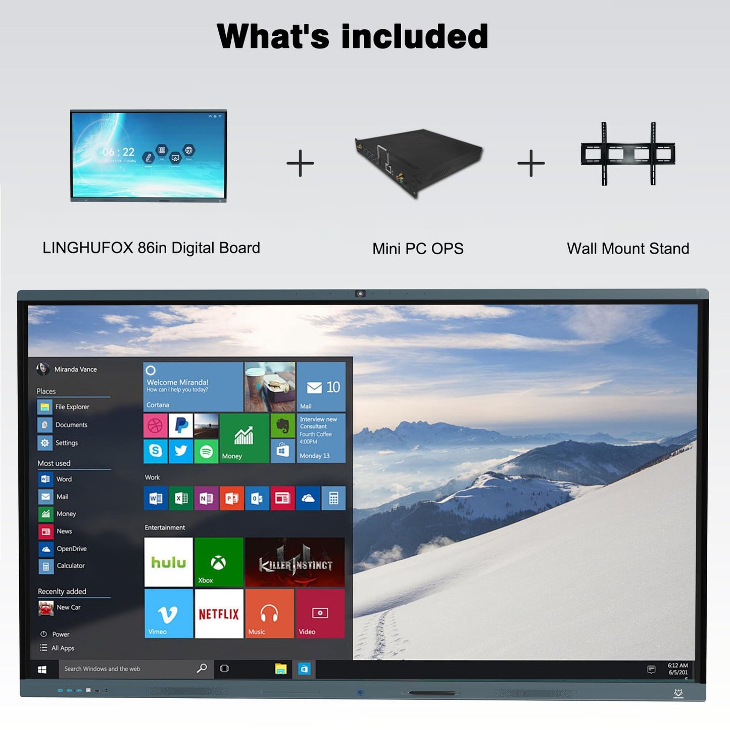 LINGHUFOX Smart Board, 86 Inch 4K Touch Screen Interactive Whiteboard Built in AI Camera and 8 Mics, All in One Computer with Windows i5 13th 16+256G & Android for Office Classroom Home(Board+Mini PC)