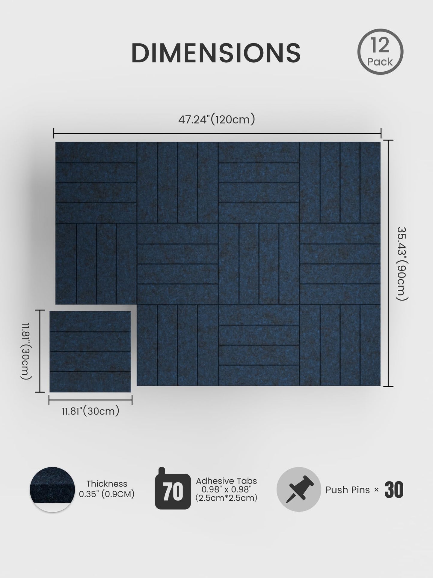 Bumusty Large Cork Board Alternative-48 x 36" Felt Bulletin Board Tiles, with 30 Pushpins, 70 Adhesive Tabs, Bold-Stripe 12-Pack, Cork Boards for Office Push Pin Board Felt Board-Carbon Blue