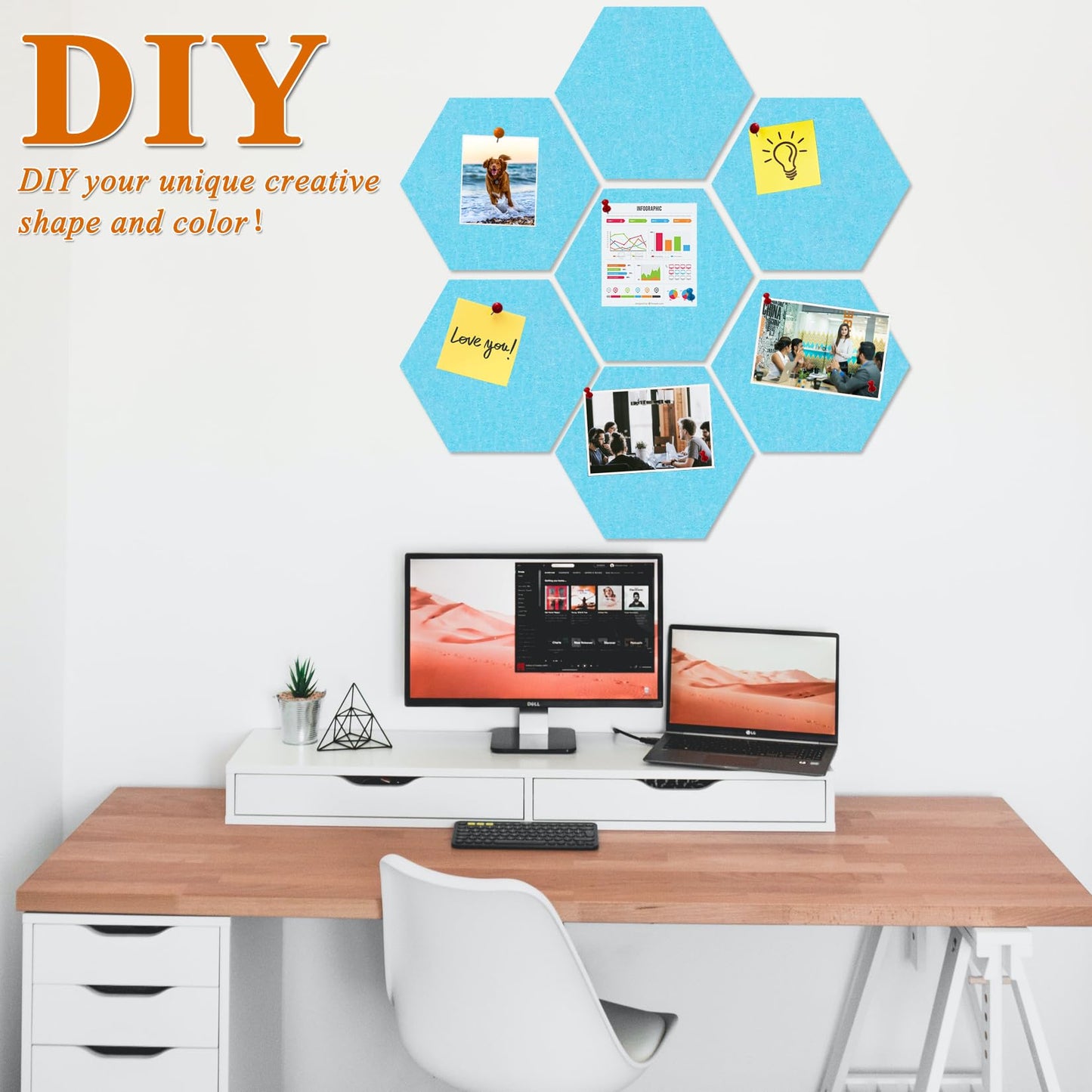 HULAVO Large Hexagon Felt Cork Board Tiles, Self Adhesive DIY Felt Bulletin Board Pin Board with 35 Pushpins for Office School Home Wall Decor Stickers Memos Photos Display(Sky Blue)