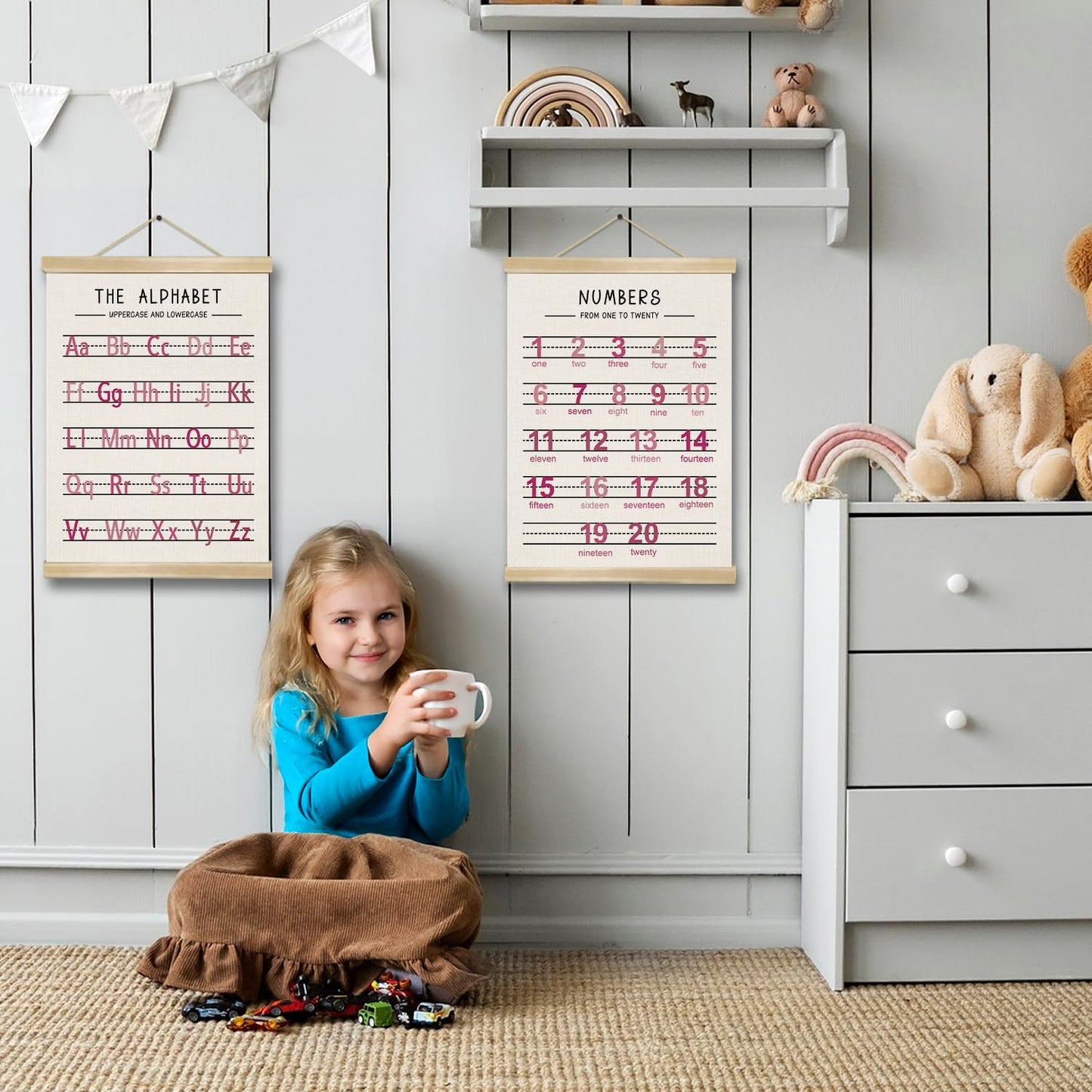 Alphabet and Numbers Wall Chart Set of 2 ,Nursery Educational Posters,Alphabet and 1-20 Number Learning Banners for Toddlers, Preschool Classroom, Homeschool, Playroom,Kids Room Decor 14 x 18.5 Inch(Pink)