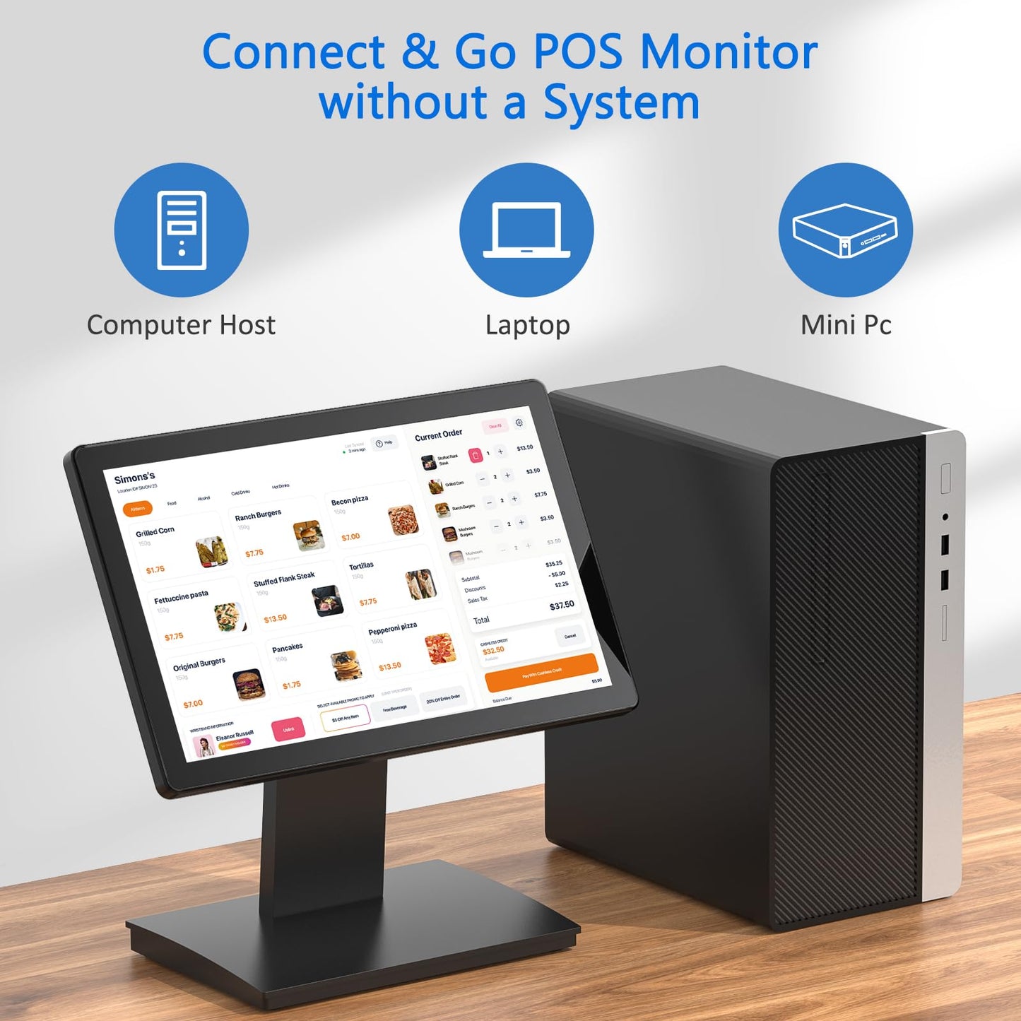 NewHail 15-inch Touchscreen POS Monitor, HDMI/VGA Capacitive Screen Display with Heavy-Duty Metal Stand for Retail, Restaurant, Bar, Gym, Warehouse and POS Systems