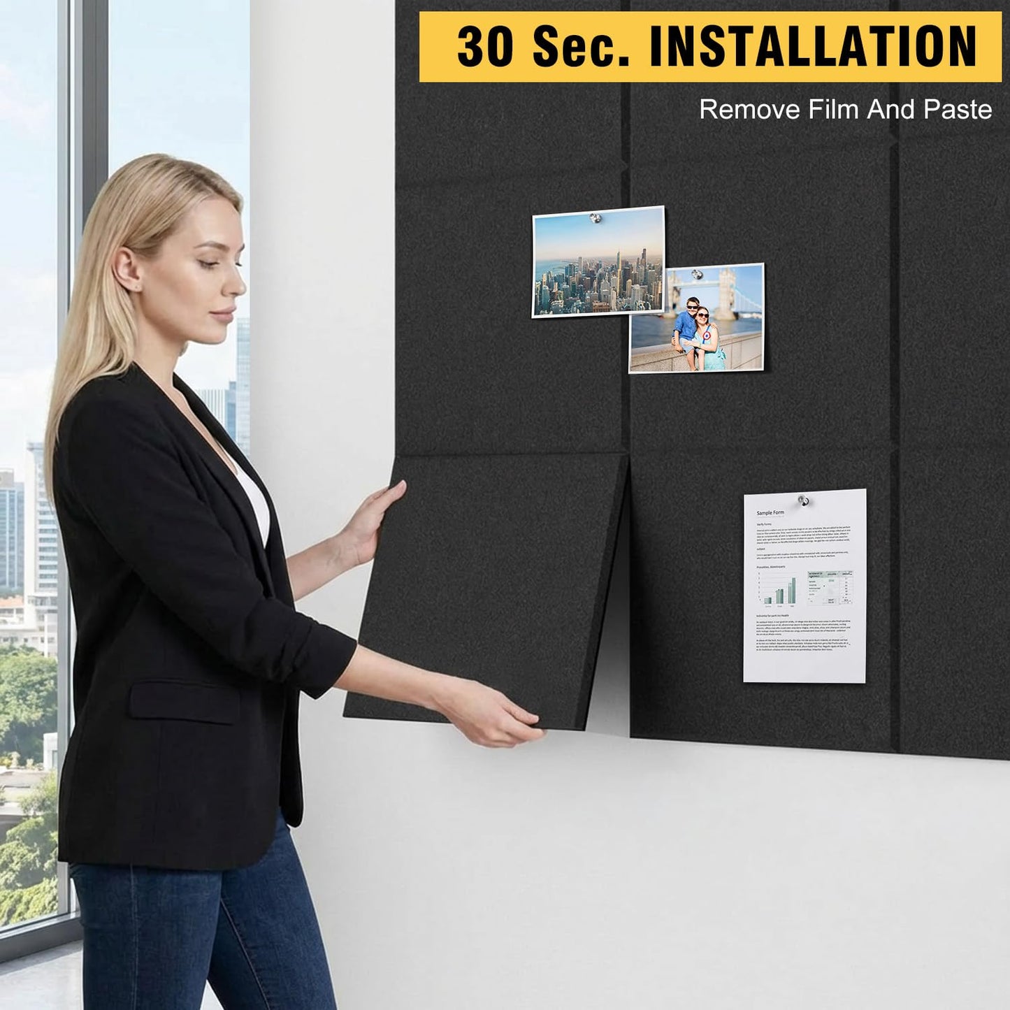 Large Cork Bulletin Board Wall - 48" x 36" Felt Pin Board TSJ OFFICE 12 Pack Tiles Set with 50 Pushpins & Safe Removable Adhesive Tabs, Corkboard for Office Home Office Decor Classroom Display - Black