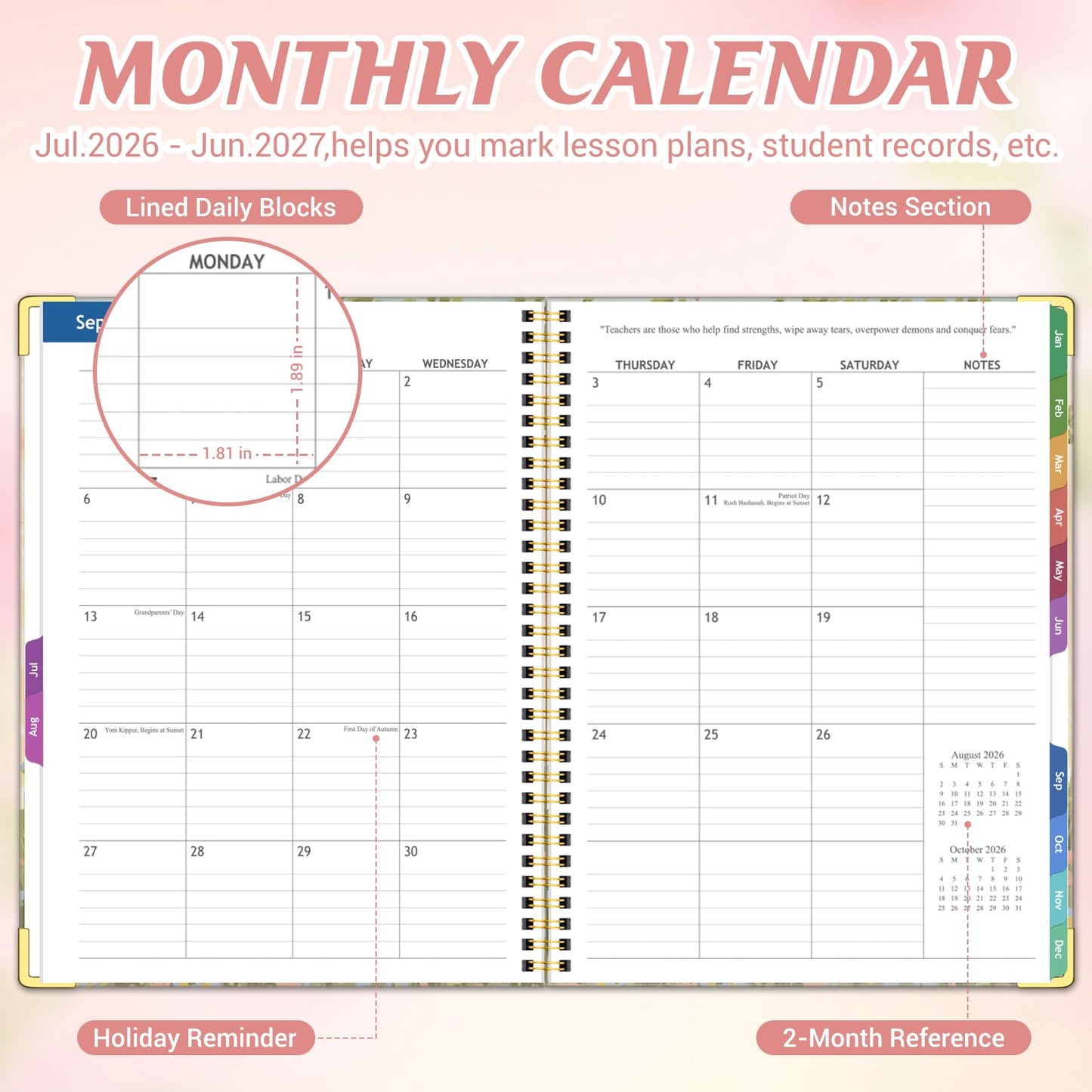 Teacher Planner 2026-2027 Academic Year, Jul.2026 - Jun.2027, 8.5" x 11" Lesson Planner Book for Teachers, Teacher Planners with Colorful Monthly Tabs, Hardcover- Pink