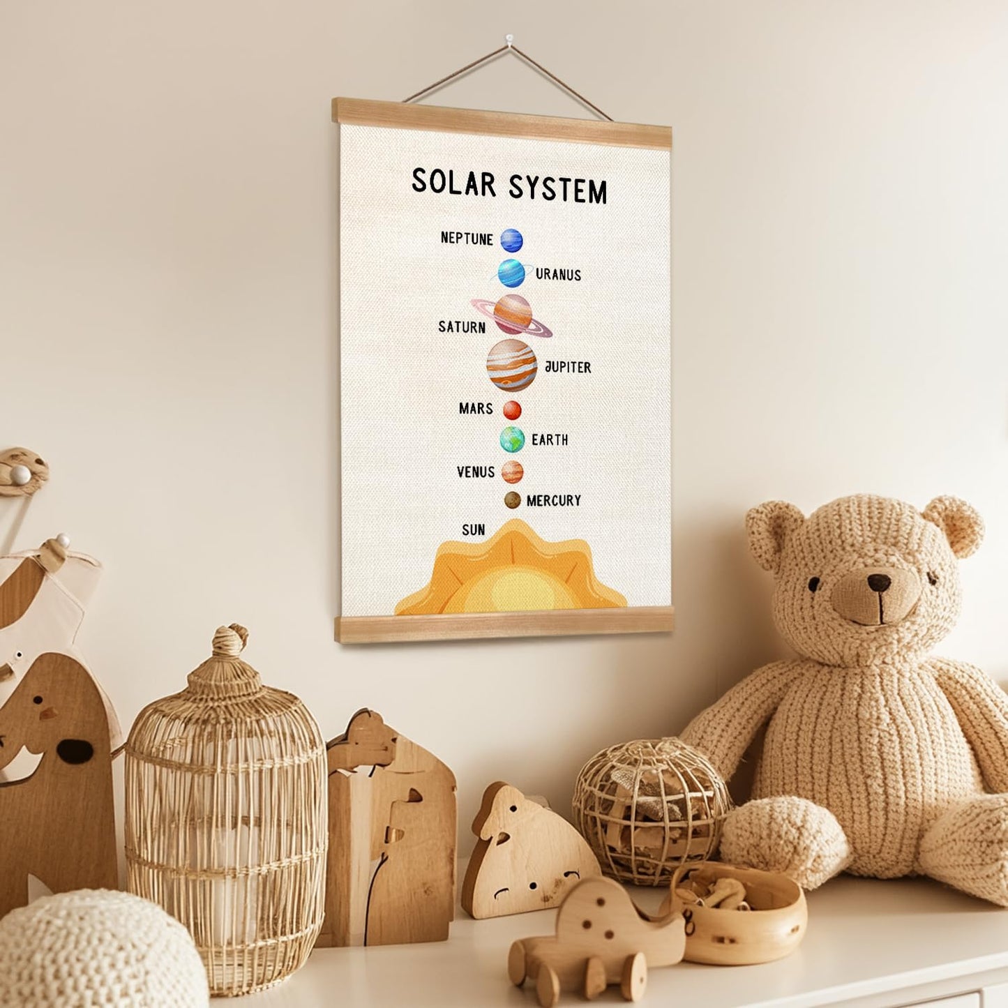 ZTGDA Solar System Poster Wall Art, Solar System Wall Decor Wood Hanger, Space Classroom Decor, Outer Space Planets Poster for Boys and Girls Nursery, Bedroom, Playroom, Toddler,or Kids Room Decor