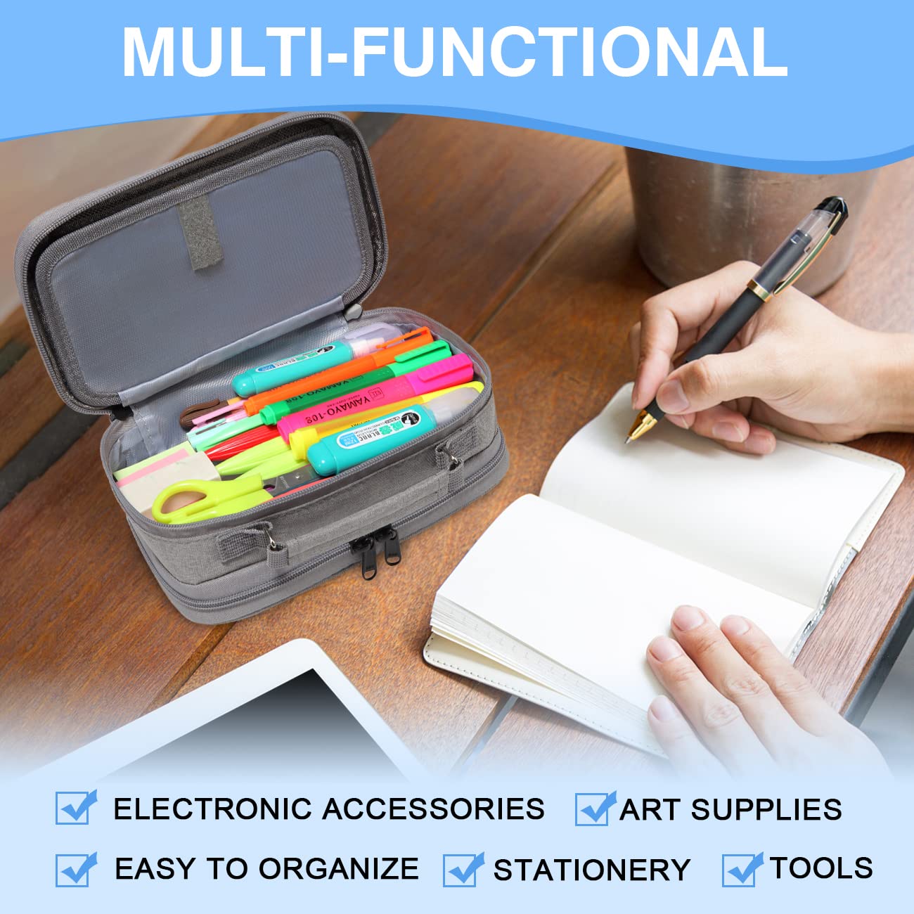 VASCHY Pencil Case, Large Pencil Pouch with Compartments for Middle School,Work,Office Pen Organizer Holder School Supply Gray