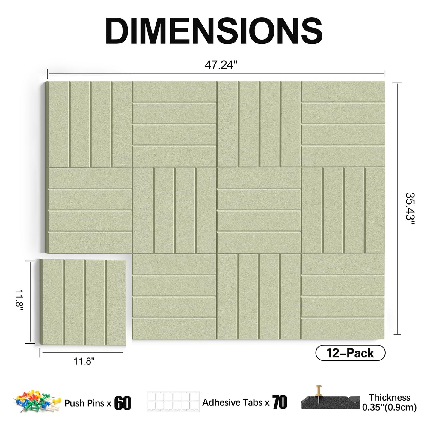 Sesiyoiu 12-Pack Felt Bulletin Board, 47.2" x 35.4" Large Cork Board Alternative for Walls Decor, with 60 Pushpins, 70 Damage-Free, Thick Pin Board for Office, Home, Classroom - Sage Green