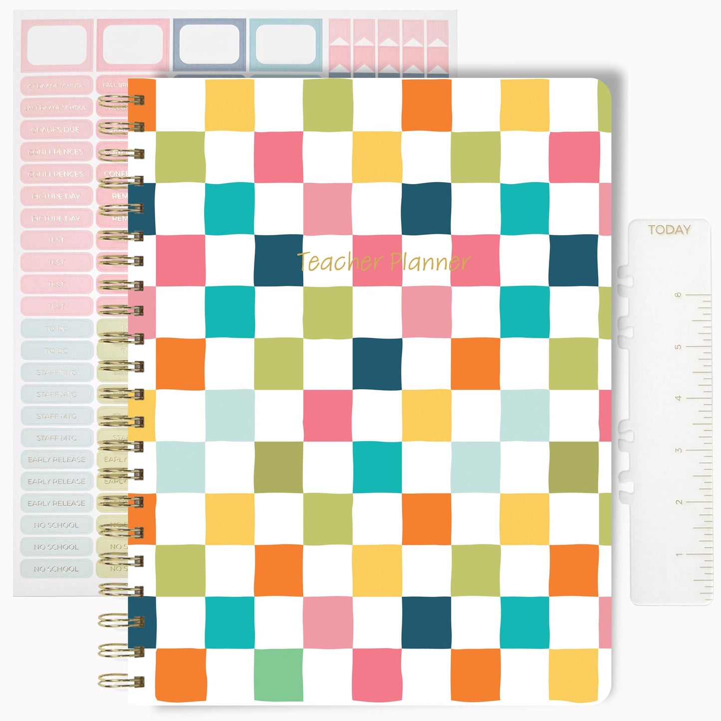 Undated Teacher Planner 8.5 x 11-12 Months & 52 Weeks | Colorful Checkerboard Cover | Monthly & Weekly Lesson Plan Book with Stickers, Storage Pocket & Snap-In Bookmark | Classroom Organizer