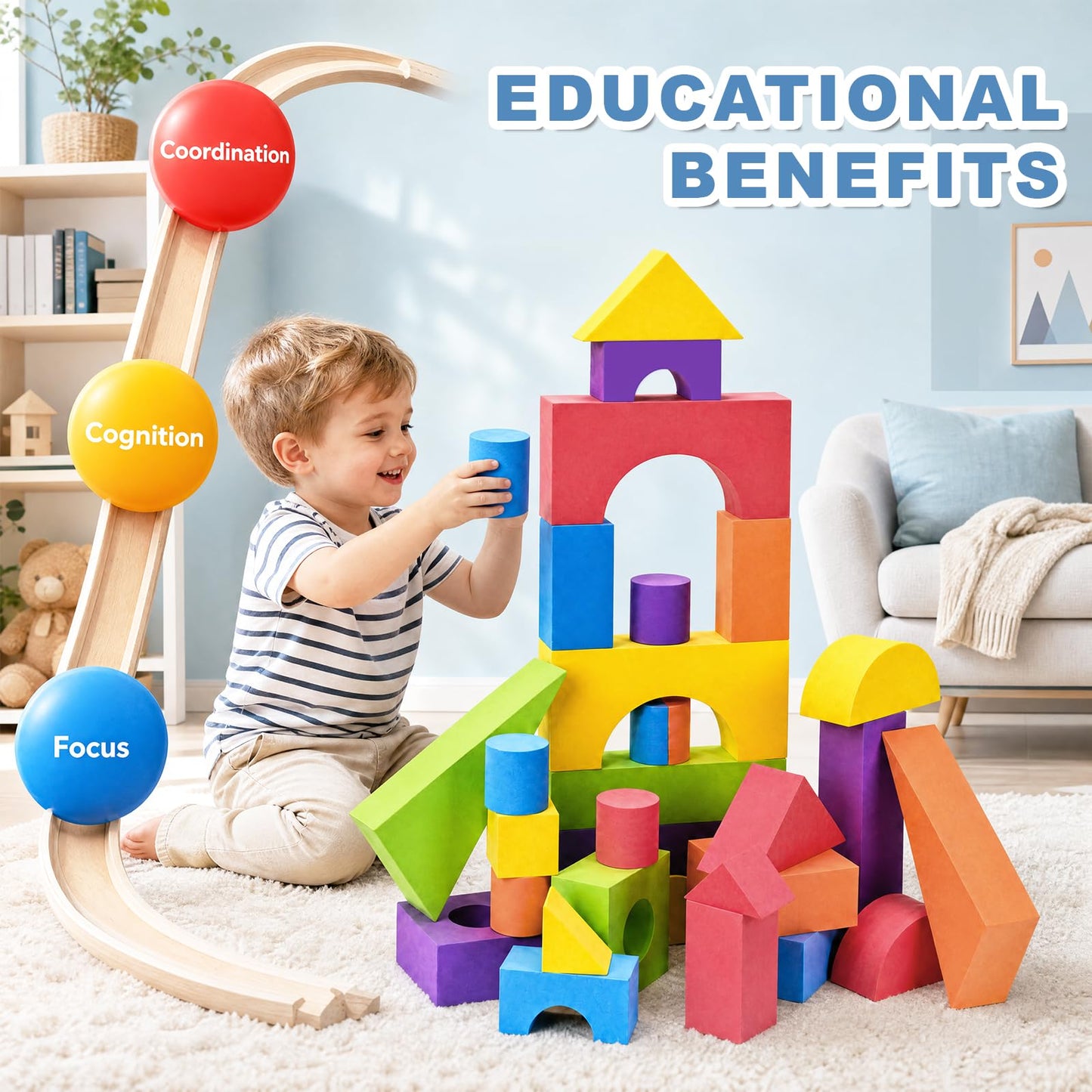 Bingyouth Large Building Foam Blocks for Toddlers, EVA Stacking Foam Building Blocks Toy Set, Non-Toxic, Washable, Early Learning Construction Toys & Gifts for Kids Boys & Girls (Blue, Pieces, 30)