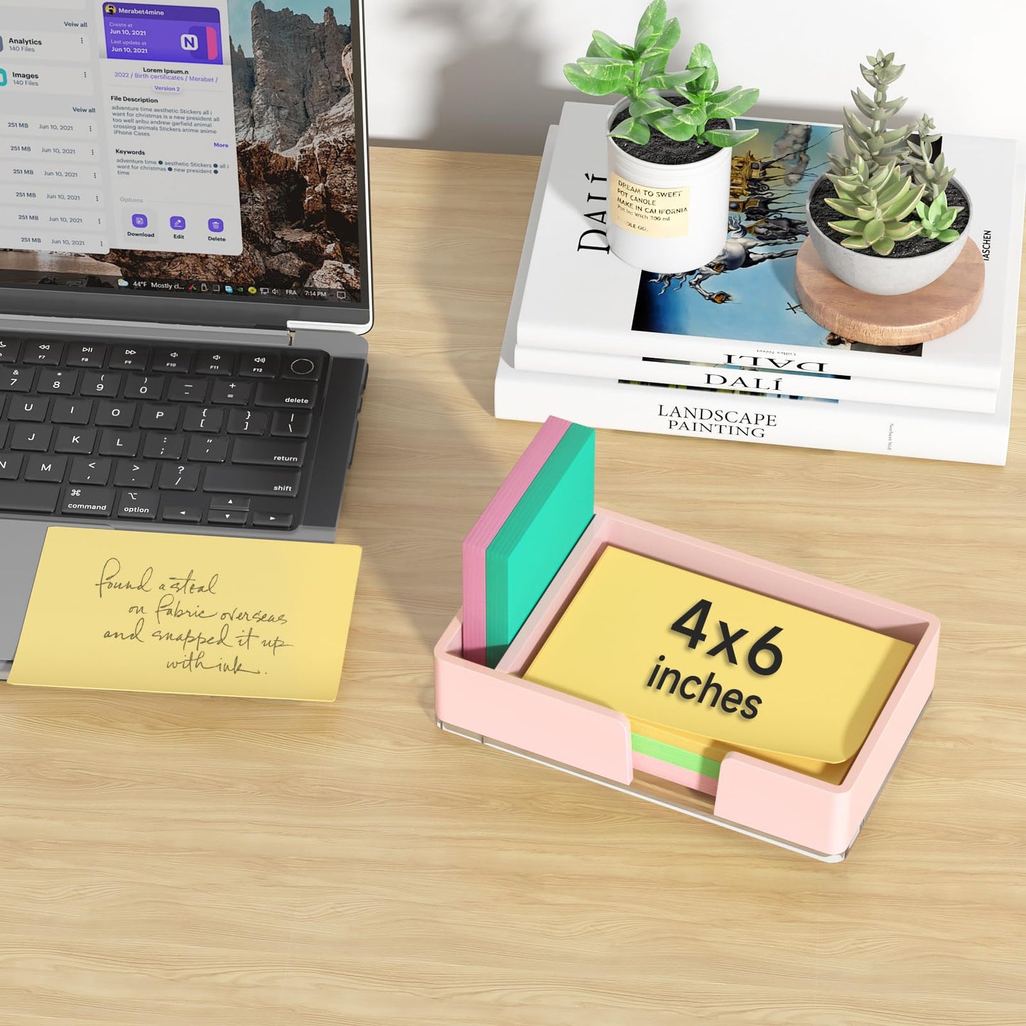 Kucle Sticky Note Holder with Pen Slot, Pink Acrylic Notepad Holder 4x6 in Self-Stick Note Dispenser Office Desk Accessories, Memo Pad Holder Organizer for Classroom School Supplies