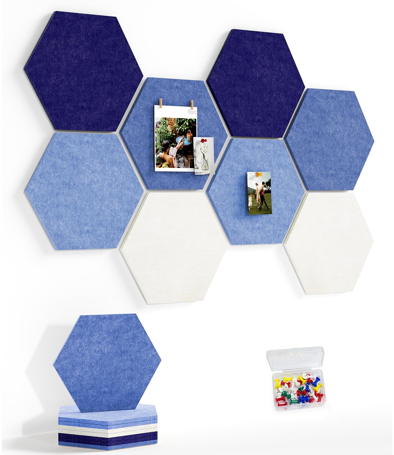 Uoisaiko 8 Pack Hexagon Felt Bulletin Board Tiles - 12" Large Thick Pin Board for Walls with 30 Push Pins, DIY Boards for Office Home School Decor, Aesthetic Hex Cork Board Alternative