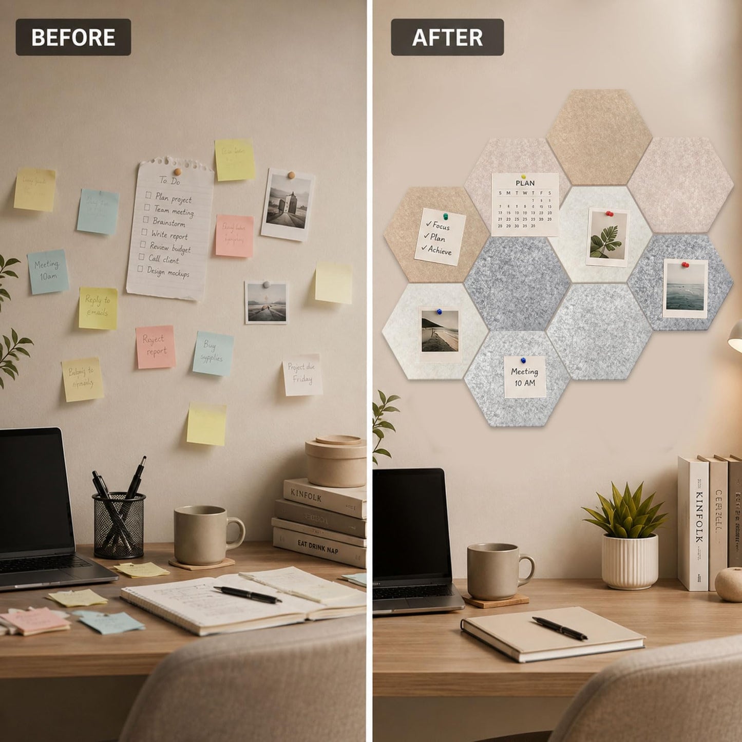 10 Pack 12'' Hexagon Cork Boards for Office Wall: Large Felt Bulletin Decor Display for Classroom, Decorative Panels with 30 Push Pins for Photos & DIY