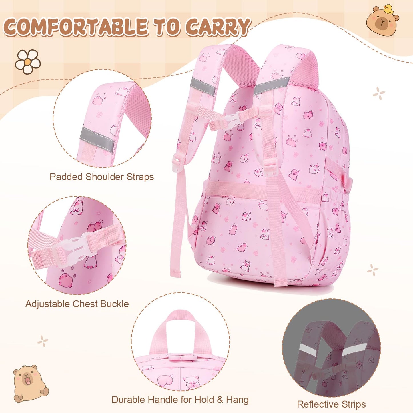 Similove Capybara Theme Backpack for School Girls, 35PCS Kids Backpack Set with School Supplies Stationery Kit Lunch Box Pencil Case, Cute Girls Bookbag for Kindergarten Elementary Student