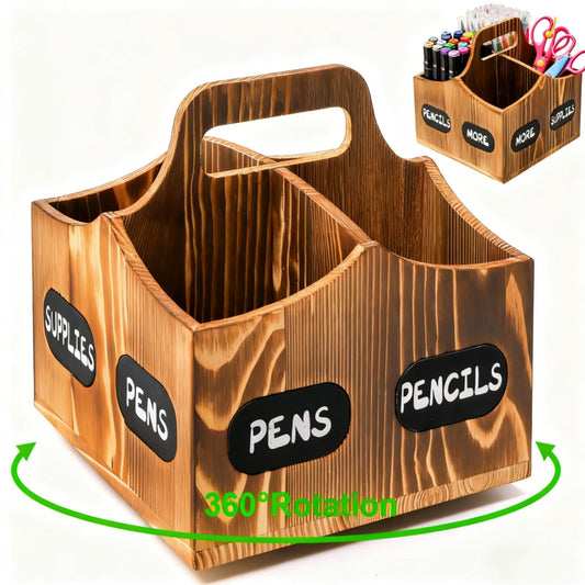 Covzoe 360° Rotating Art Supply Organizer, Wood Pen Pencil Holder with Handle, 4 Slots Lazy Susan Desktop Storage Caddy for Paint Brushes, Crayons, Art Studio, School, Office Supplies