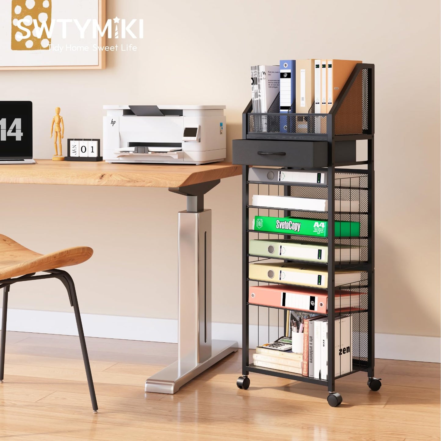 SWTYMIKI 9-Tier Rolling File Cart - Paper Organizer with Drawer and Trays, Wood Desk Office Organizer, Office Organization and Binder Storage for Workspace, Home, School, Black
