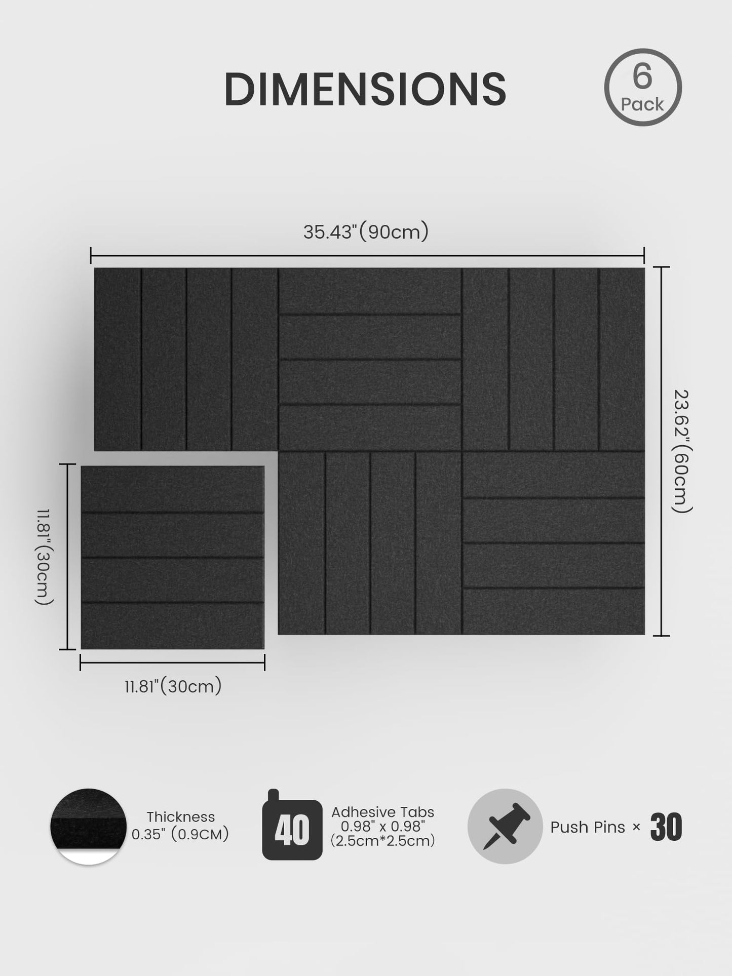 Bumusty Large Cork Board Alternative-36 x 24" Felt Bulletin Board Tiles, with 30 Pushpins, 40 Adhesive Tabs, Bold-Stripe 6-Pack, Cork Boards for Office Push Pin Board Felt Board-Black