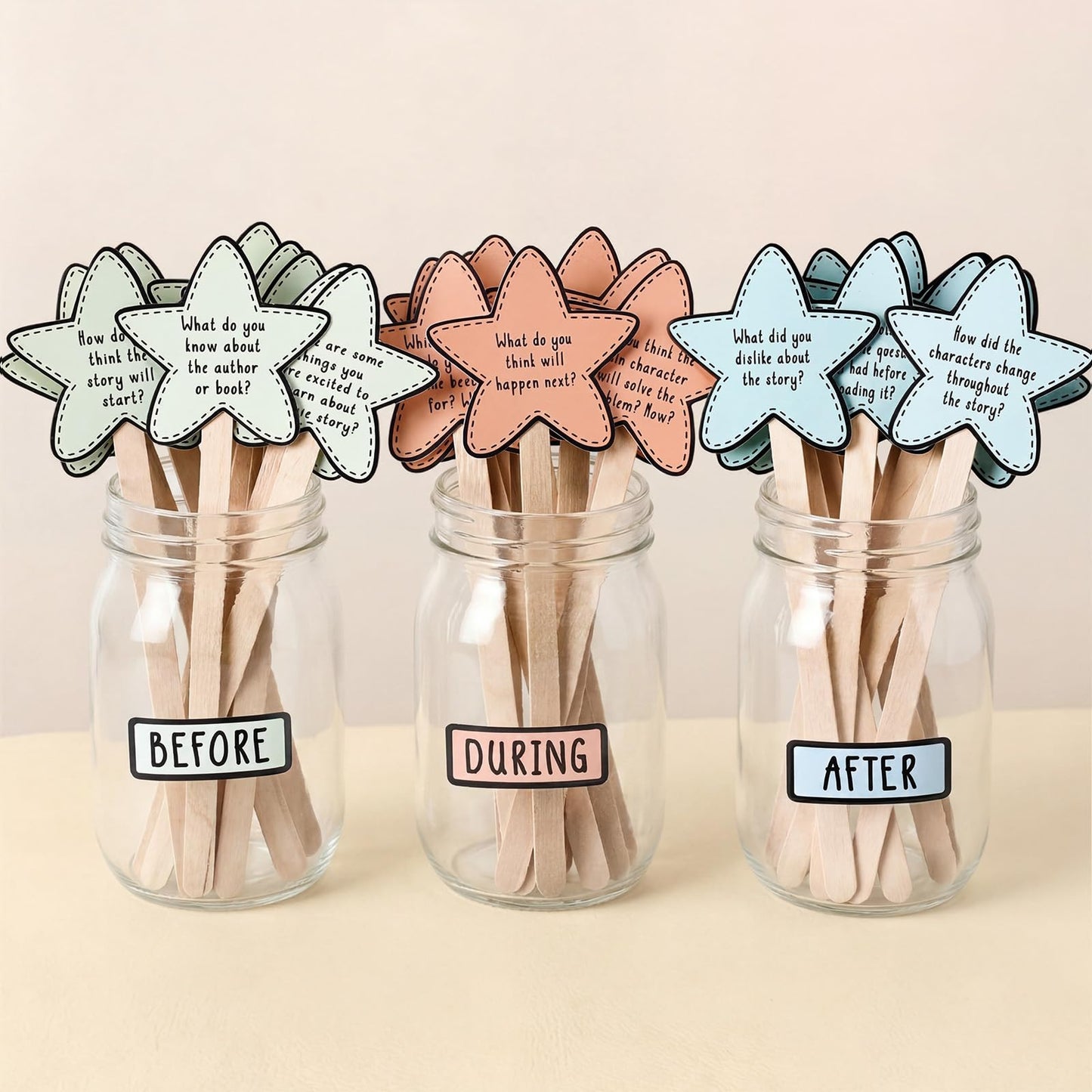Eaasty 33 Pcs Reading Comprehension Game Classroom Management Supplies Bottle with Sticker Question Card Classroom Readings Tool Elementary Kindergarten Decor Before During After Reading Teacher