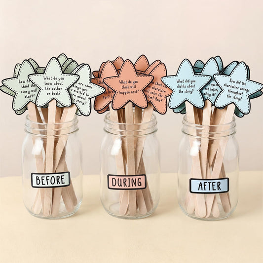 Eaasty 33 Pcs Reading Comprehension Game Classroom Management Supplies Bottle with Sticker Question Card Classroom Readings Tool Elementary Kindergarten Decor Before During After Reading Teacher