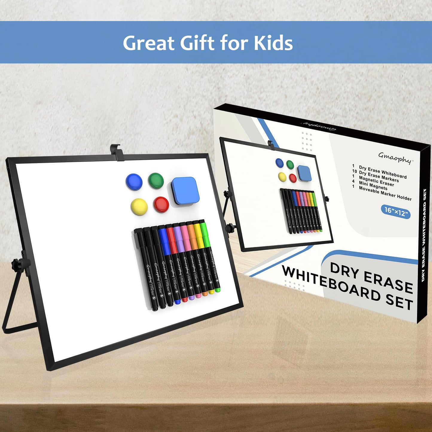 Dry Erase White Board, 16x12 Inches Double-Sided Desktop Whiteboard with Stand, Portable Whiteboard with Markers, Magnets, Eraser, Magnetic White Board Easel for Office Home Memo to Do List, Black