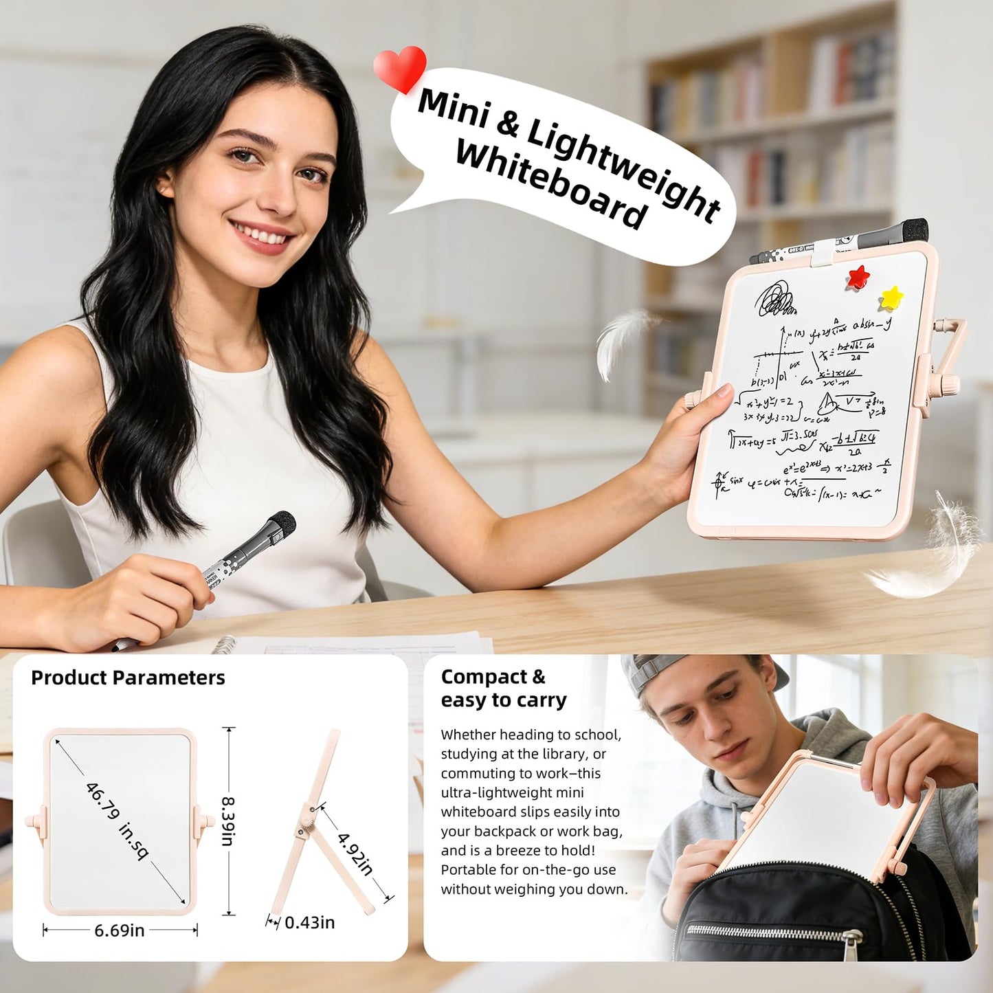 FUNISKETCH Colorful Dry Erase White Board 6.7x8.4in, Magnetic Desktop Board with Stand, 2 Markers (Eraser Head), 4 Magnets - Double-Sided Easel for Daily Planning, Memo, Office/Home/School (Pink)