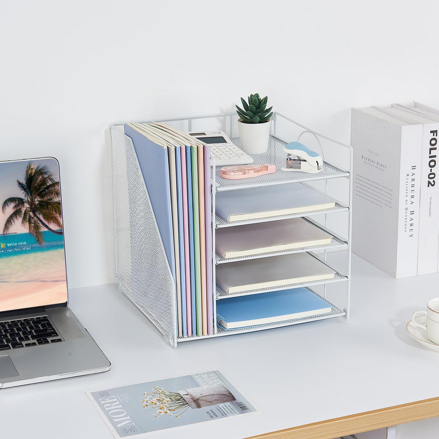 LEKETREE Desk Organizers and Accessories, 5-Tier Paper Letter Tray Organizer with File Holder, Desktop Organizer for Office Supplies (White)