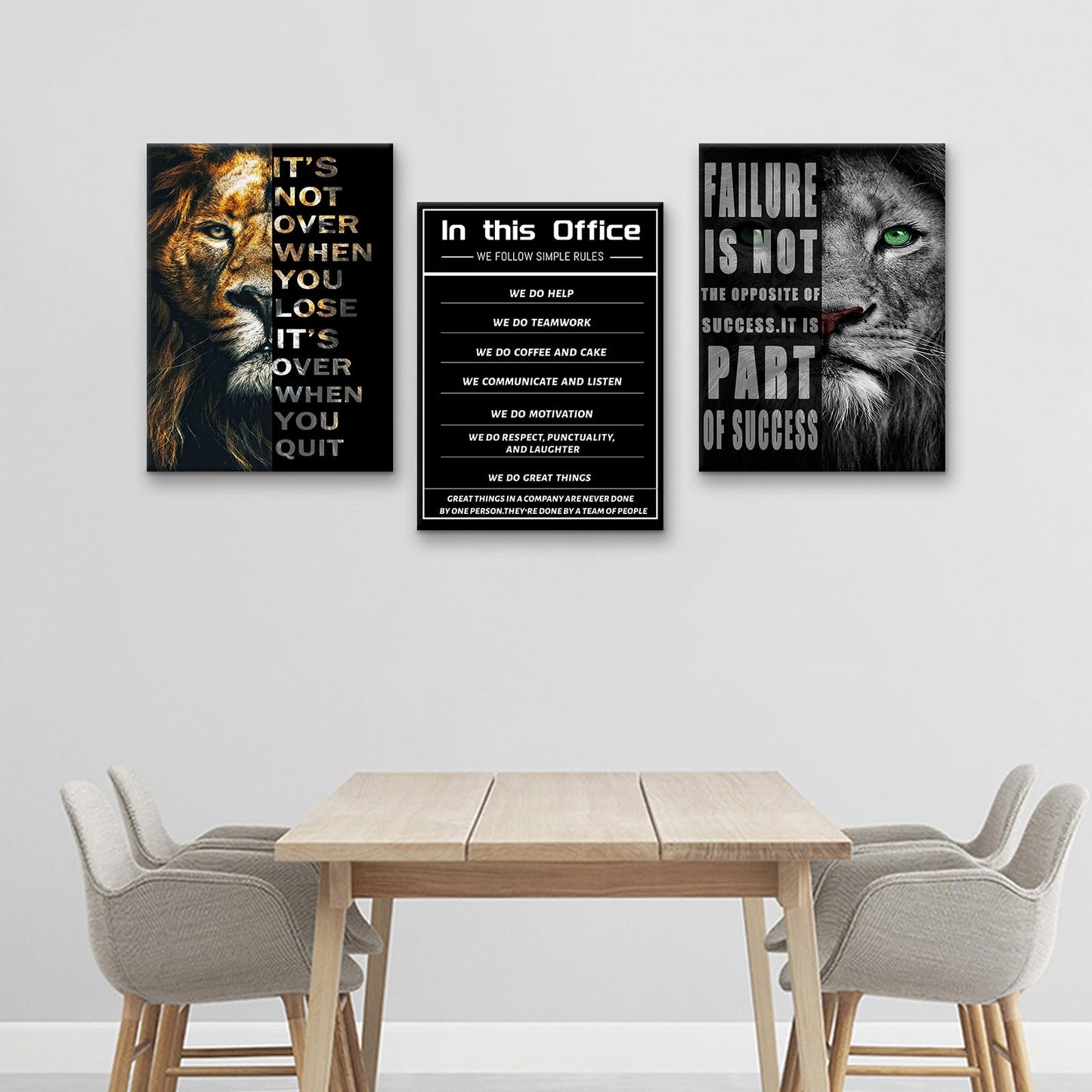 PSYYSP 3 Piece Canvas Wall Art Lion Office Values Posters, Black Motivational Triptych Wall Decor for Office, Bedroom, Dorm, Business Workspace, Framed Canvas 36x16inch