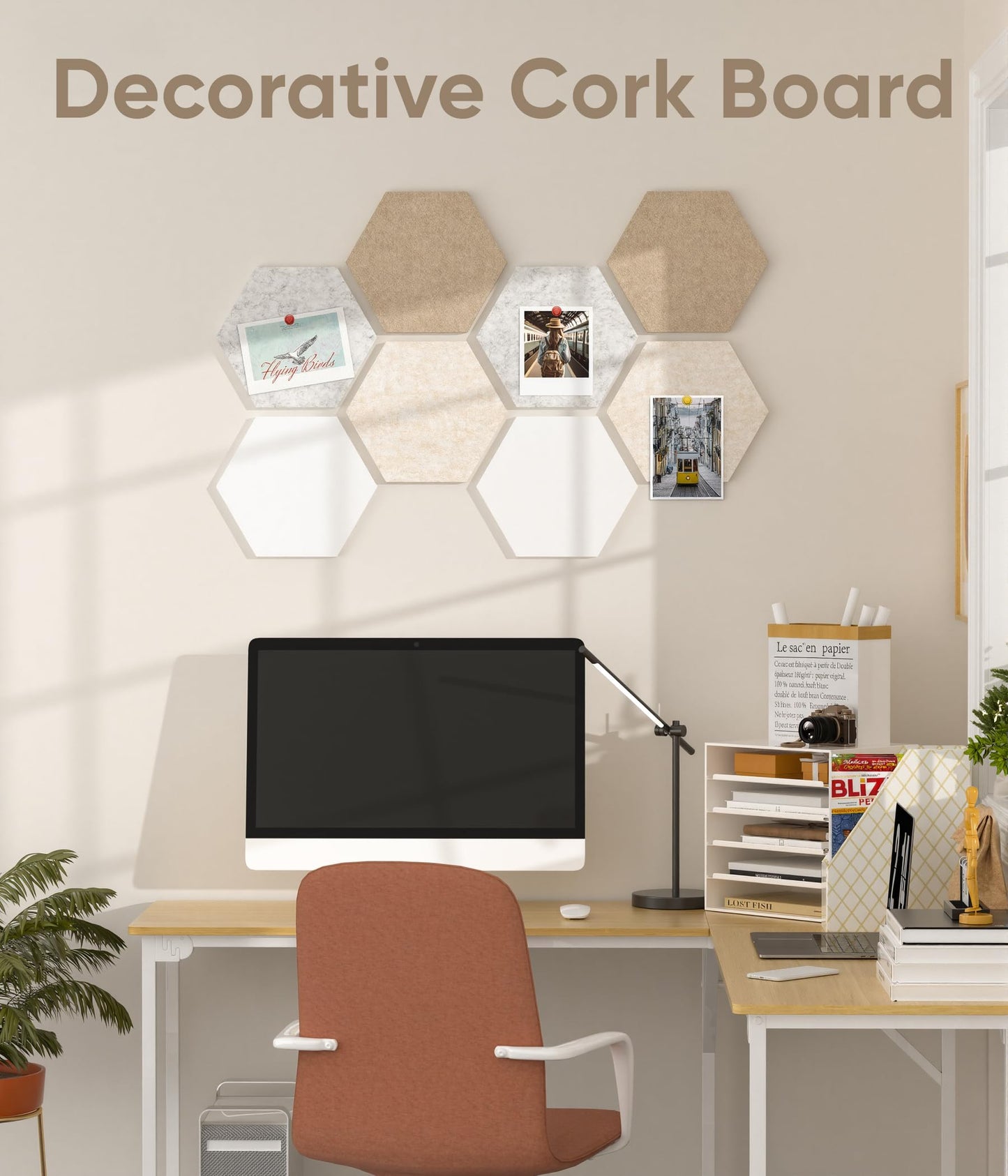 Toptople 12 Inch Large Hexagon Cork Board for Walls, 8 Pack Felt Bulletin Board Tiles, Pin Board with Push Pins for Office Photo and Note, Linen Beige