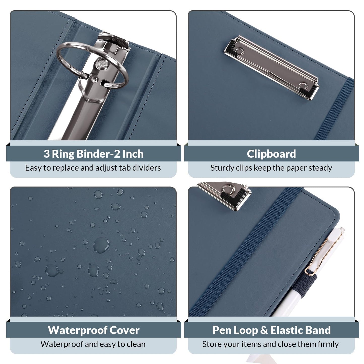 SKYDUE 3 Ring Binder with Clipboard, 2 Inch Heavy Duty Binder, PU Clipboard Binder with Notepad & 5 Dividers with 10 Pockets, Labels, Clipboard Folder Great for School Office(Fit Letter Sized Paper)