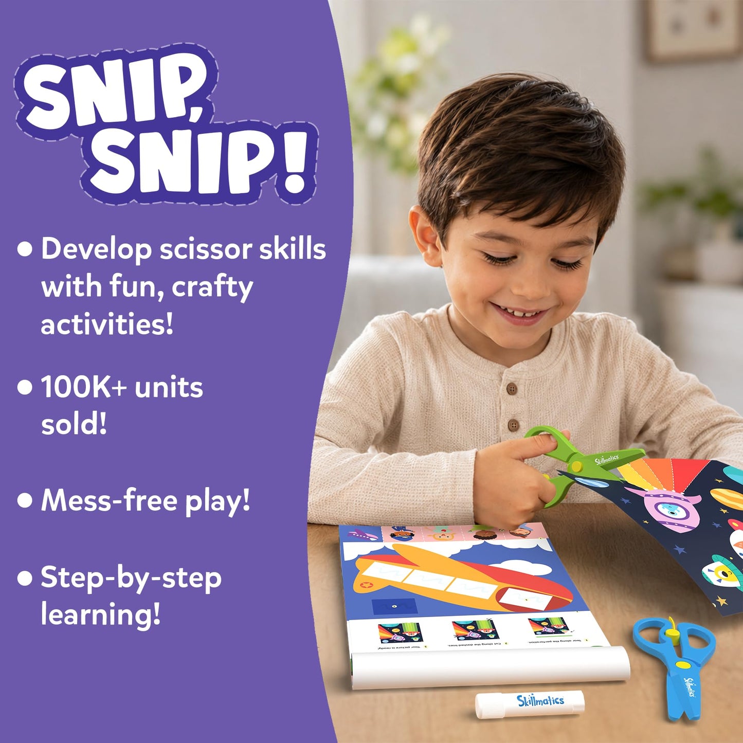 Skillmatics Scissor Skills Activity Book - Snip Snip, 25 Cutting Activities for Preschoolers, Felt Craft Kit, 2 Child-Safe Scissors, Fine Motor Skills, Screen-Free Fun, Gifts for Kids Ages 3-7