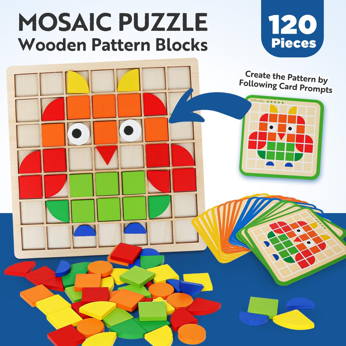 Wooden Stacking Puzzle Toy,120 Pcs Colorful Pattern Blocks Set Geometric Shape Puzzles for Kids Ages 3+, Montessori Preschool Educational STEM Puzzle Toys for Classroom Learning Kindergarten