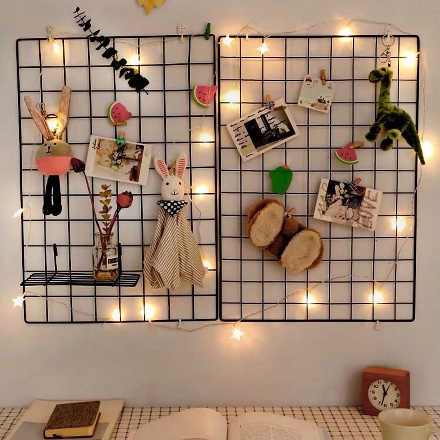 GBYAN 2 Pack Large Wall Grid Panels with Light and Clips, Photo Display Board, Picture Frame Collage Board, Wire Grid Wall Panel Room Decoration,Black