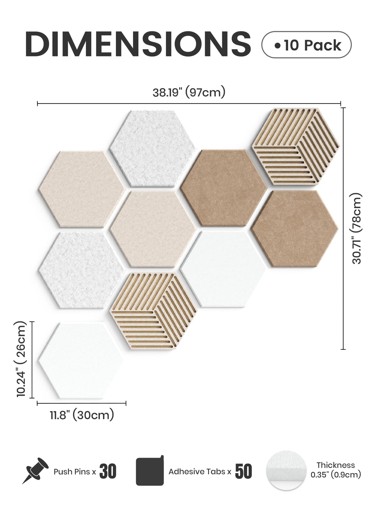 Fluxynara Hexagon Cork Board Alternative for Walls Decor-10-Pack Felt Bulletin Board Tiles,with 30 Pushpins,50 Adhesive Tabs for Office,Classrooms & Home Pin Board Felt Board-Stone Beige